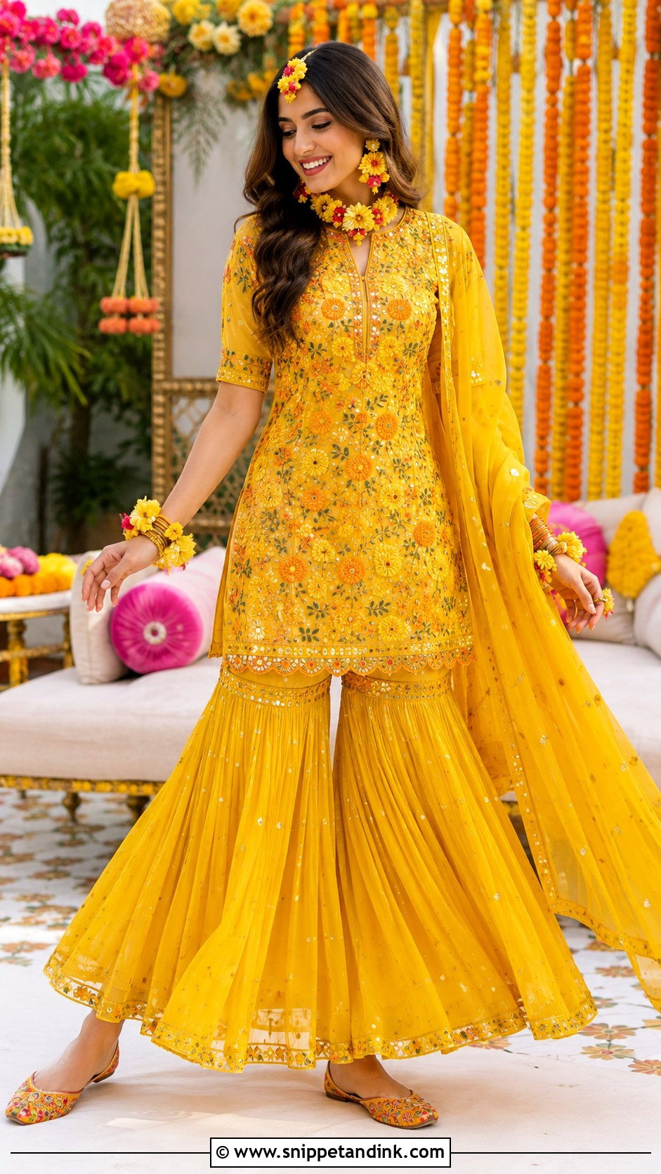 Yellow Mehndi Sharara Dress - Snippet and Ink - 30 Indian Muslim Wedding Dresses