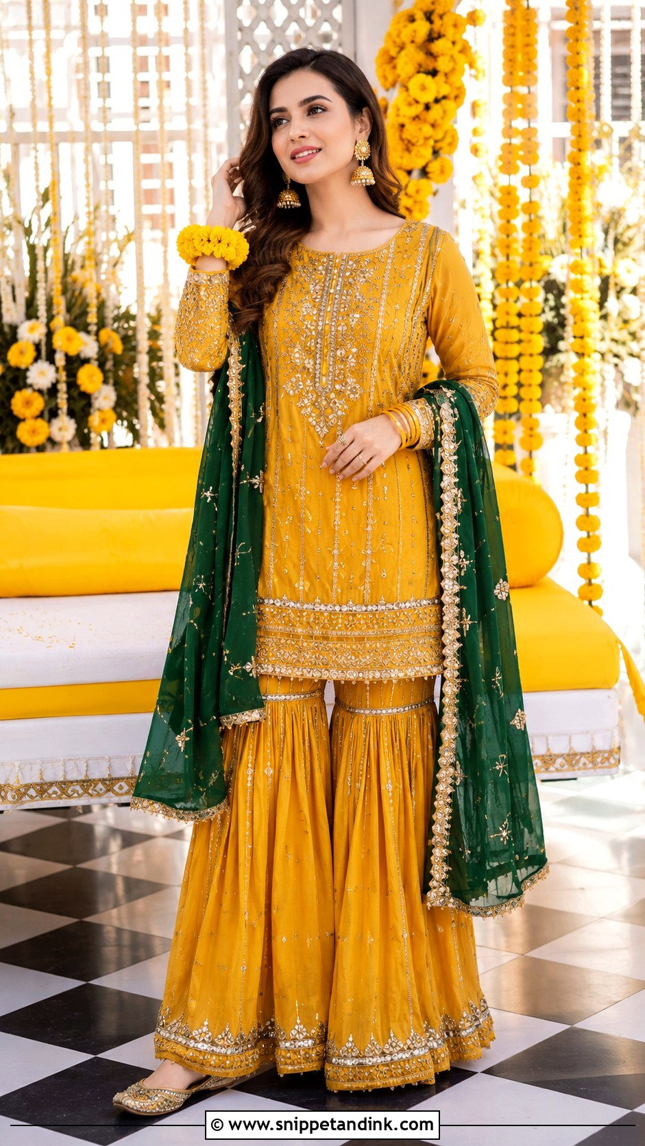 Yellow Mehndi Sharara Outfit - Snippet and Ink - 30 Pakistani Wedding Outfits Sisters