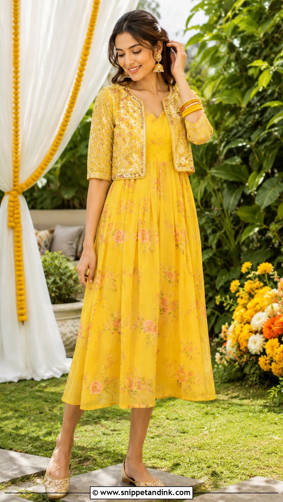 Yellow Midi Dress With Indian Accessories For Haldi - Snippet and Ink - 25 Haldi Dress for Bride Sister Ideas