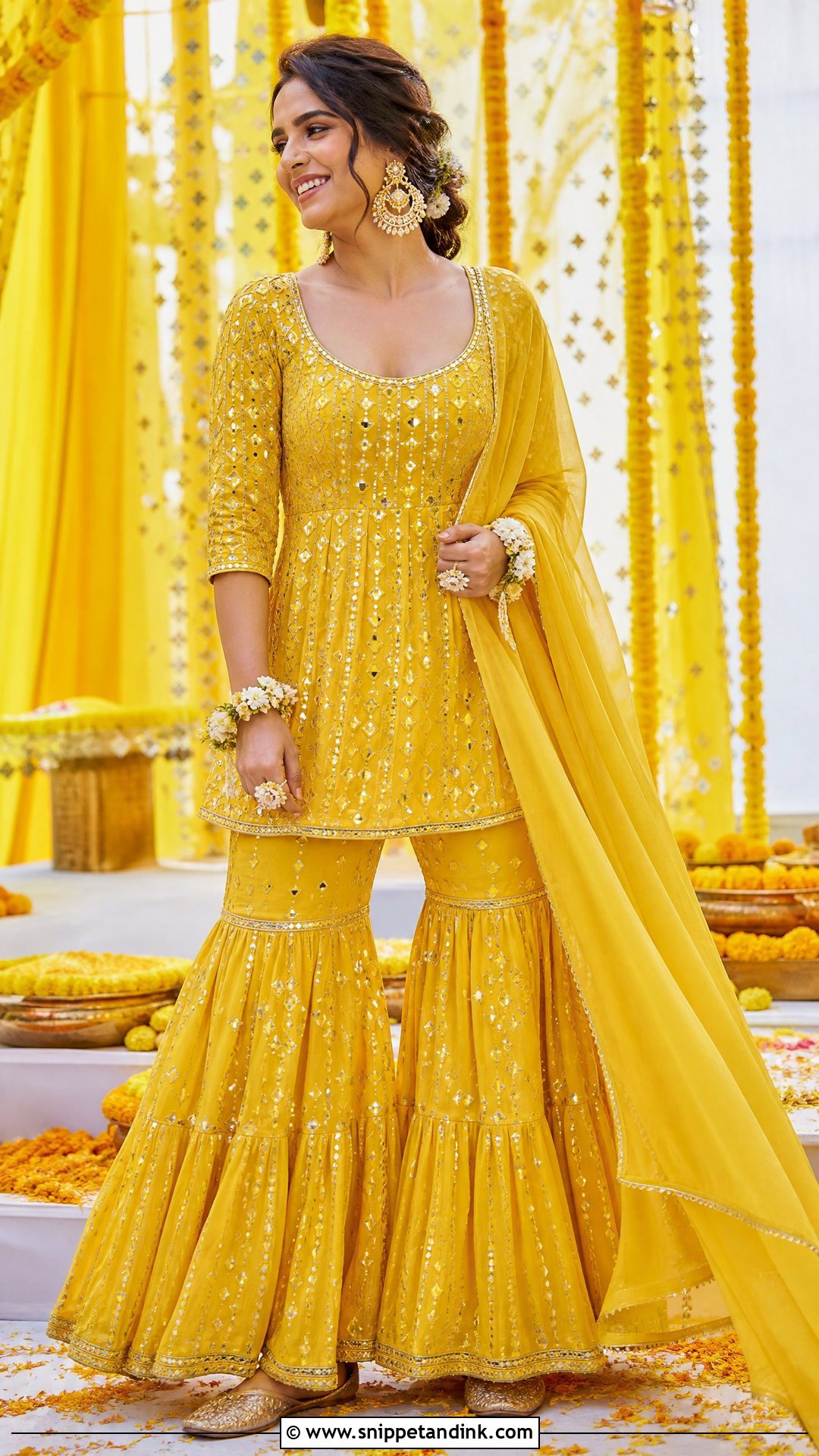 Yellow Mirror Work Garara Haldi Dress - Snippet and Ink - 20 Simple Haldi Dress Ideas for Sisters