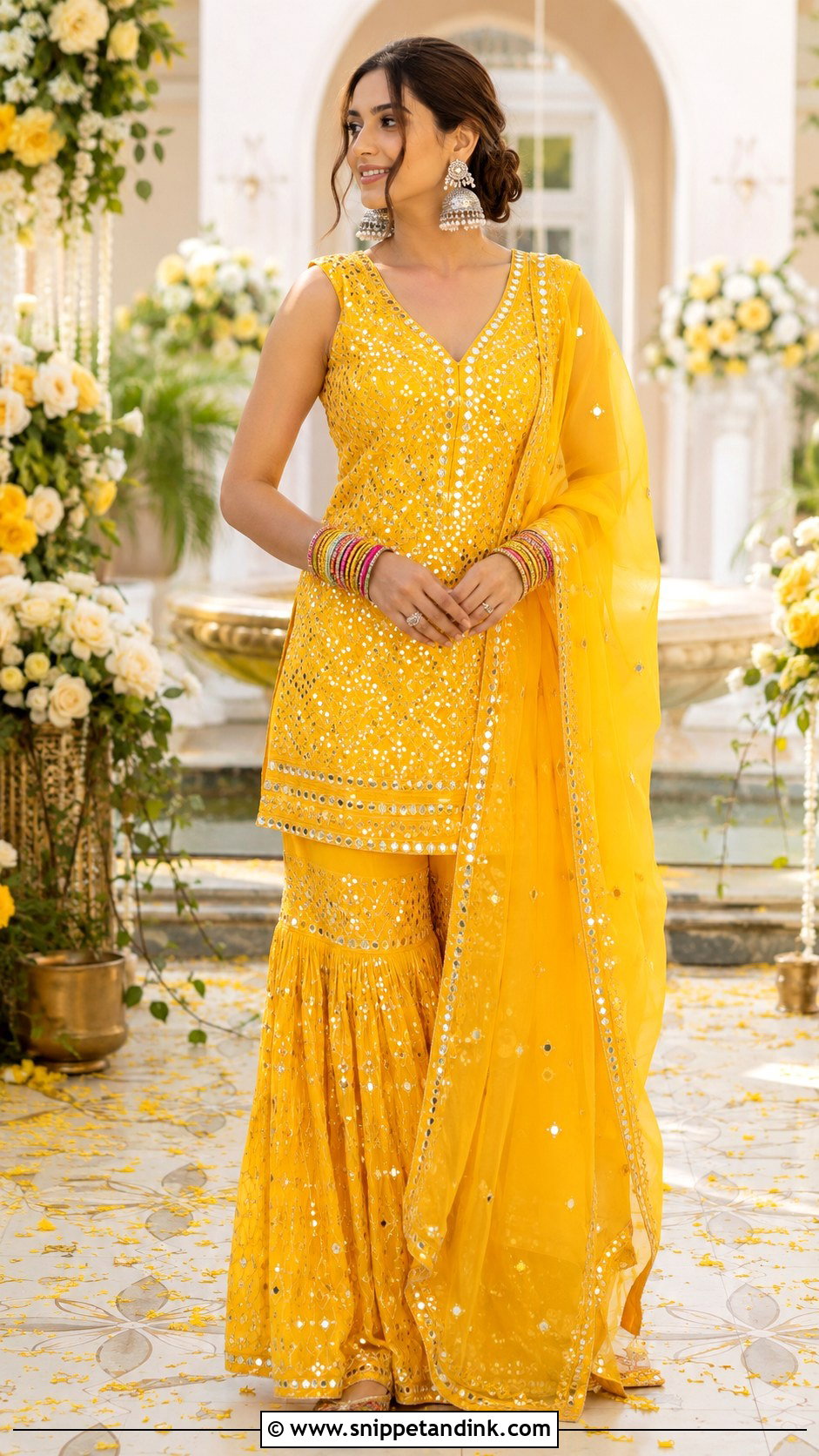 Yellow Mirror Work Gharara Haldi Outfit - Snippet and Ink - 20 Haldi Outfits Ideas