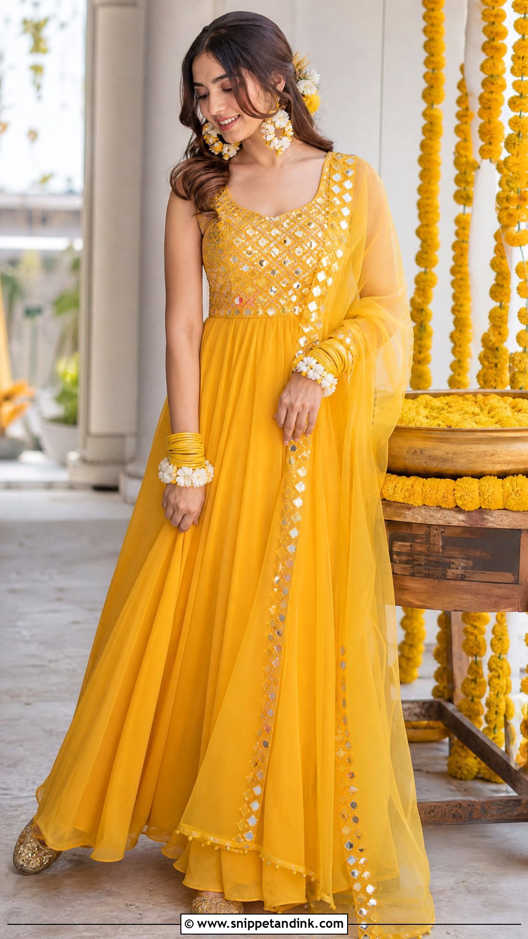 Yellow Mirror Work Gown for Haldi - Snippet and Ink - 20 Yellow Gown for Haldi Ideas