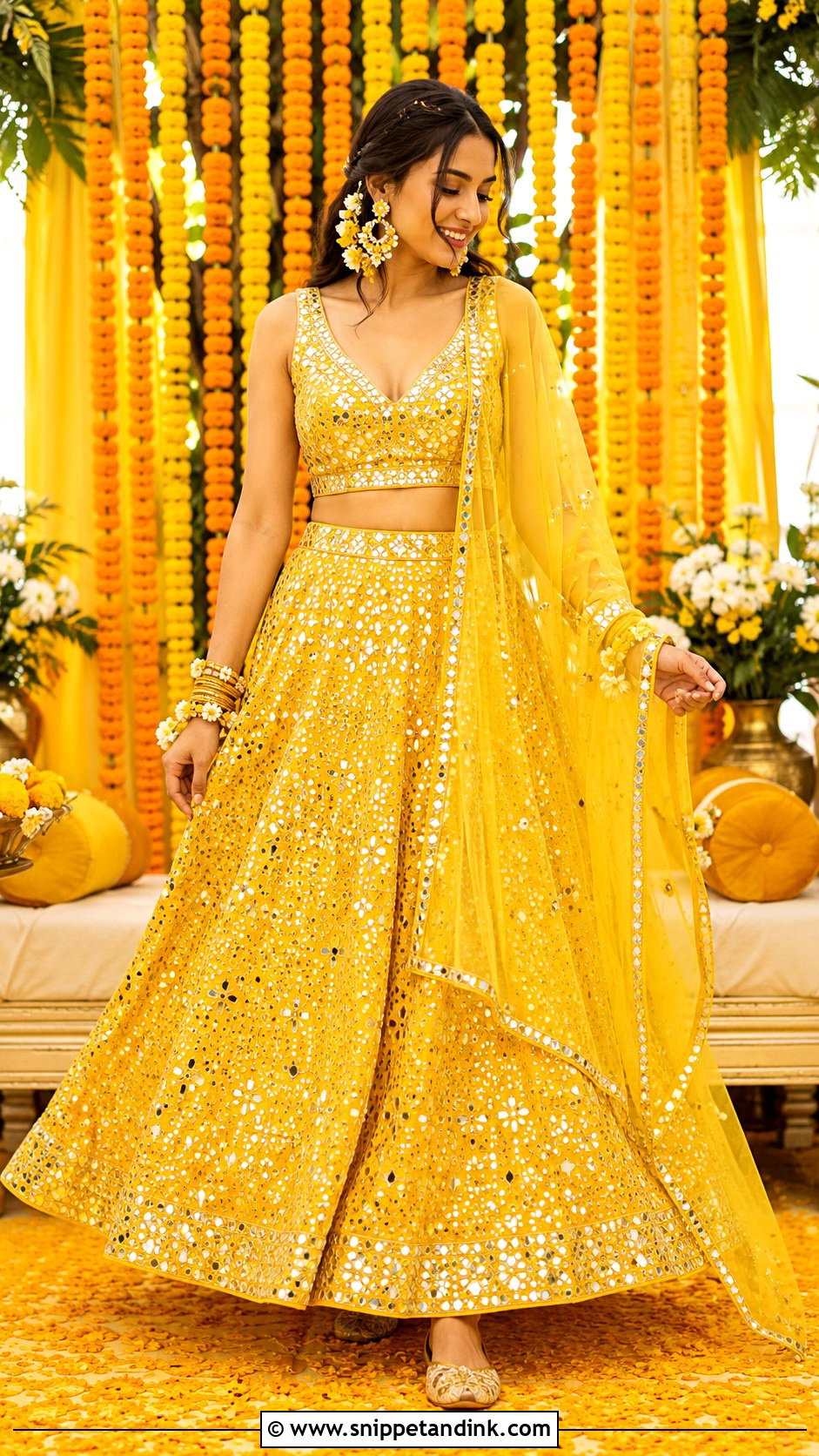 Yellow Mirror Work Haldi Dress for Bride - Snippet and Ink - 25 Indian Haldi Dress for Bride Ideas