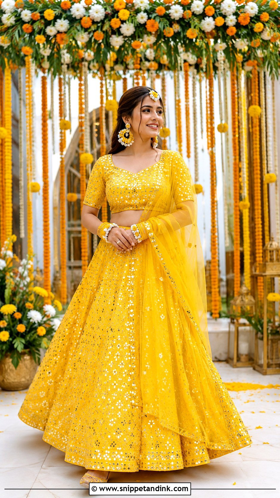 Yellow Mirror Work Haldi Lehenga - Snippet and Ink - 20 Haldi Night Outfit Ideas