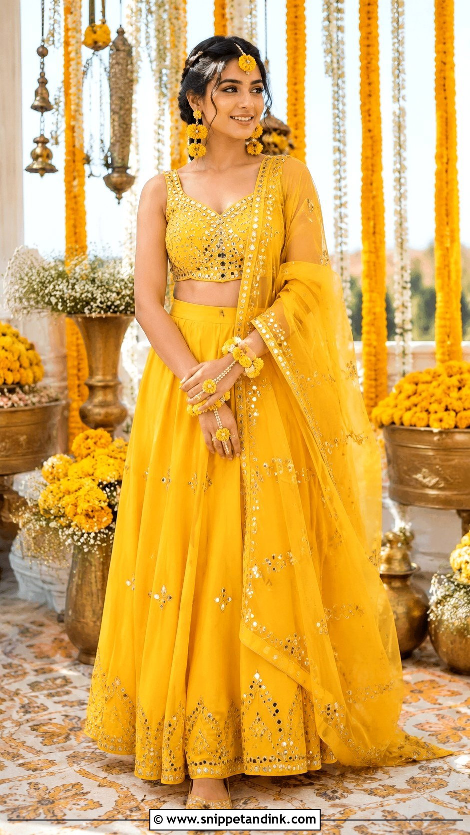Yellow Mirror Work Haldi Lehenga - Snippet and Ink - 20 Indian Bride Haldi Outfit Ideas