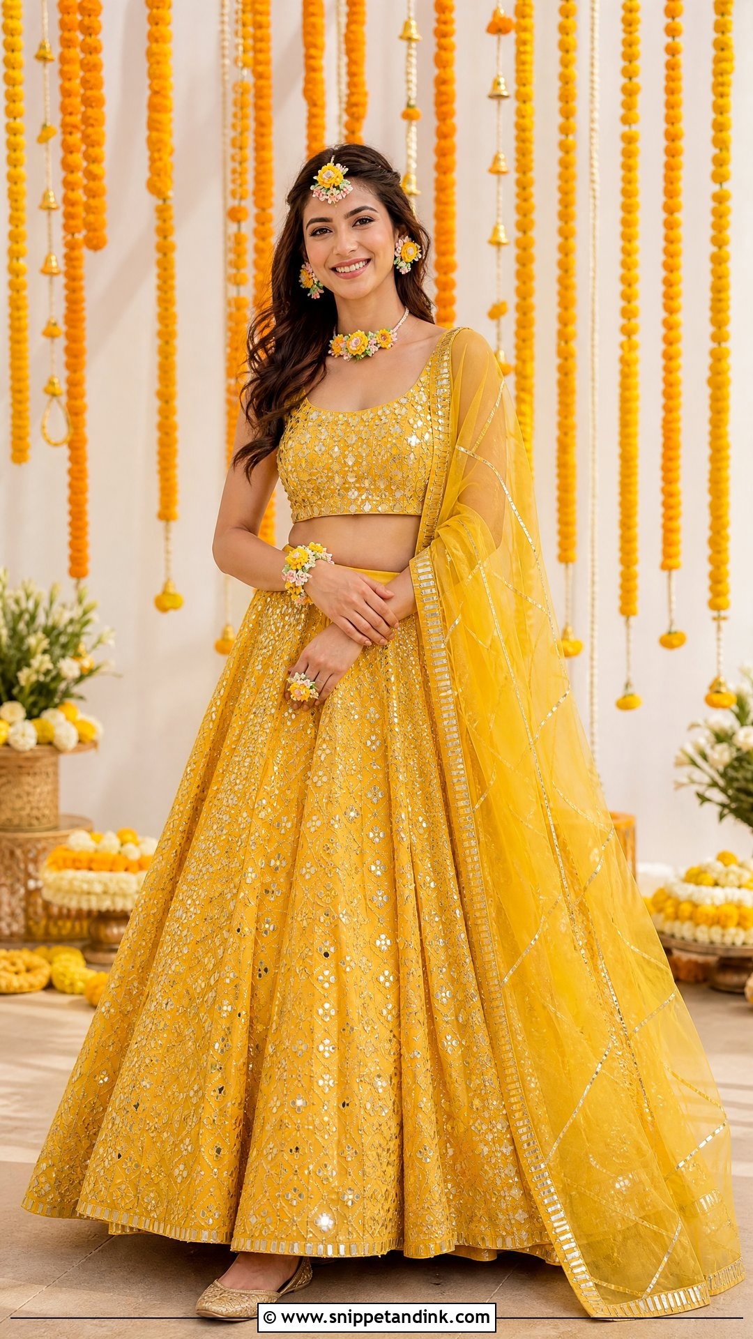 Yellow Mirror Work Haldi Lehenga - Snippet and Ink - 20 Unique Haldi Outfit for Bride Ideas