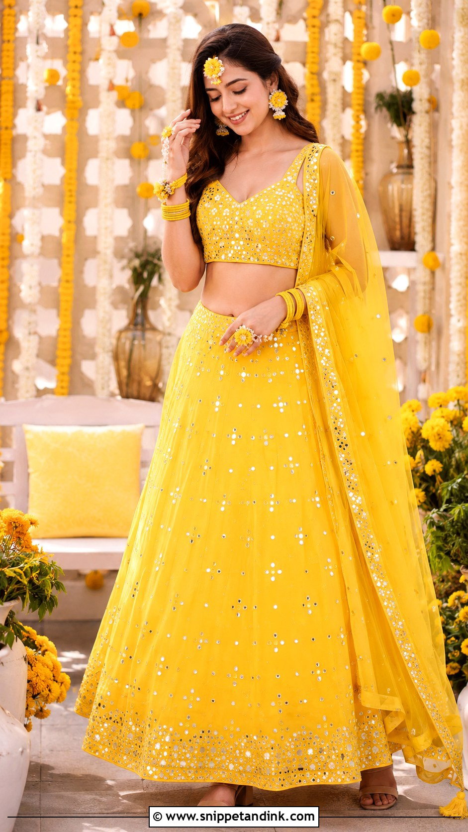 Yellow Mirror Work Haldi Lehenga - Snippet and Ink - 30 Indian Bridal Haldi Outfit Ideas