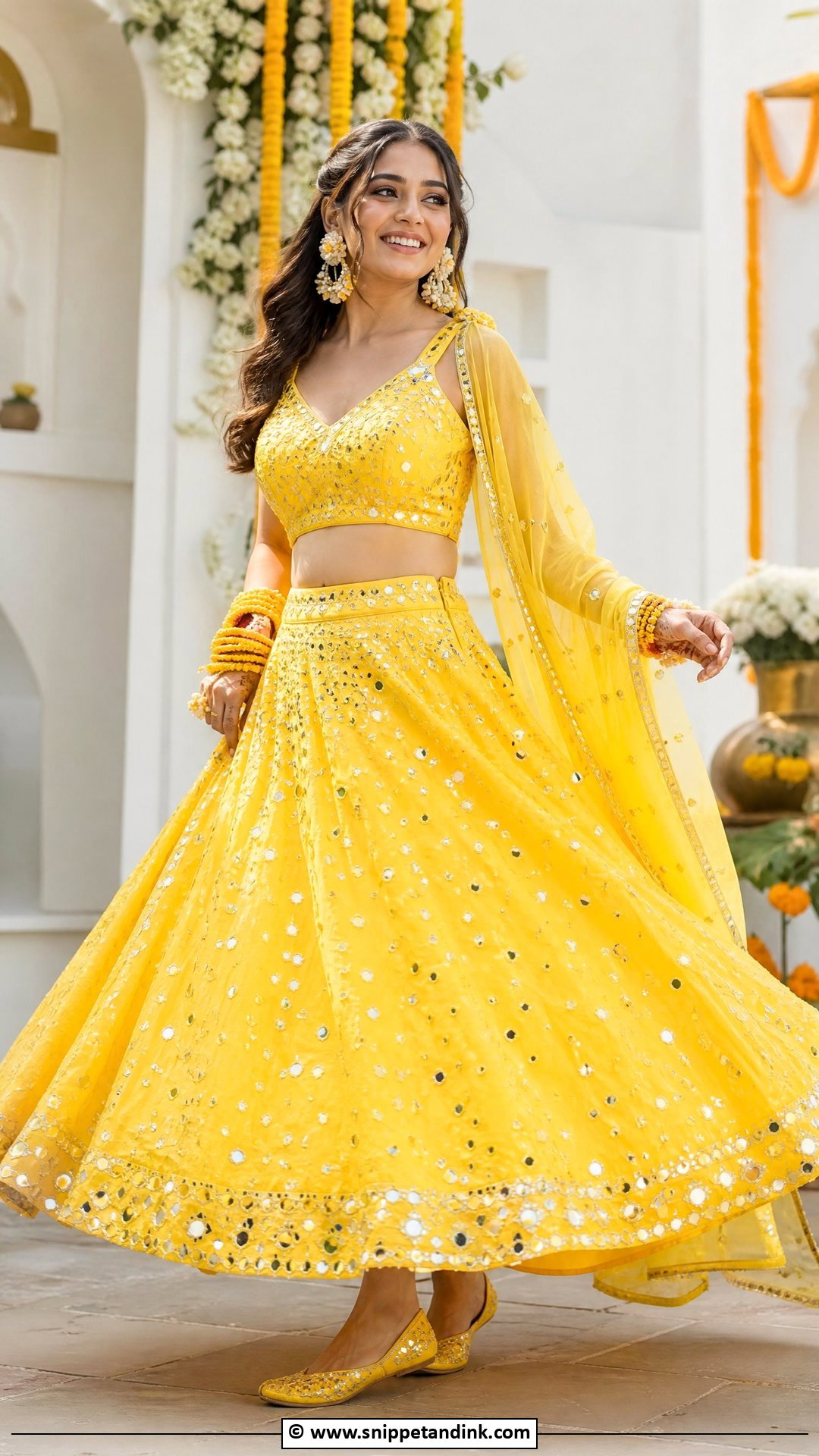 Yellow Mirror Work Lehenga For Haldi Bride - Snippet and Ink - 35 Haldi Outfit for Bride Ideas