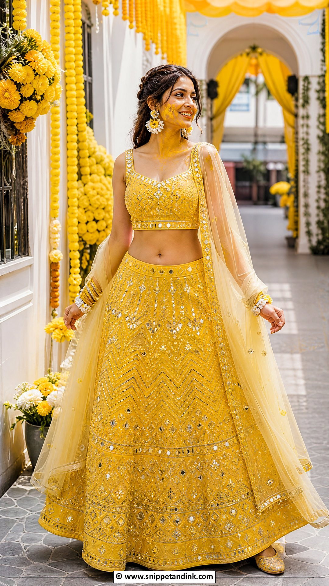 Yellow Mirror Work Lehenga For Haldi Ceremony - Snippet and Ink - 35 Haldi Ceremony Outfit for Bride Ideas