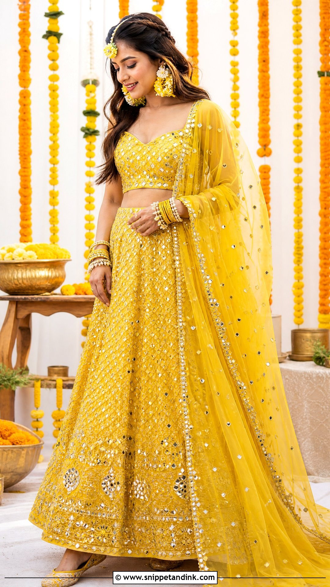 Yellow Mirror Work Lehenga Haldi Outfit - Snippet and Ink - 20 Bride Haldi Dress Ideas