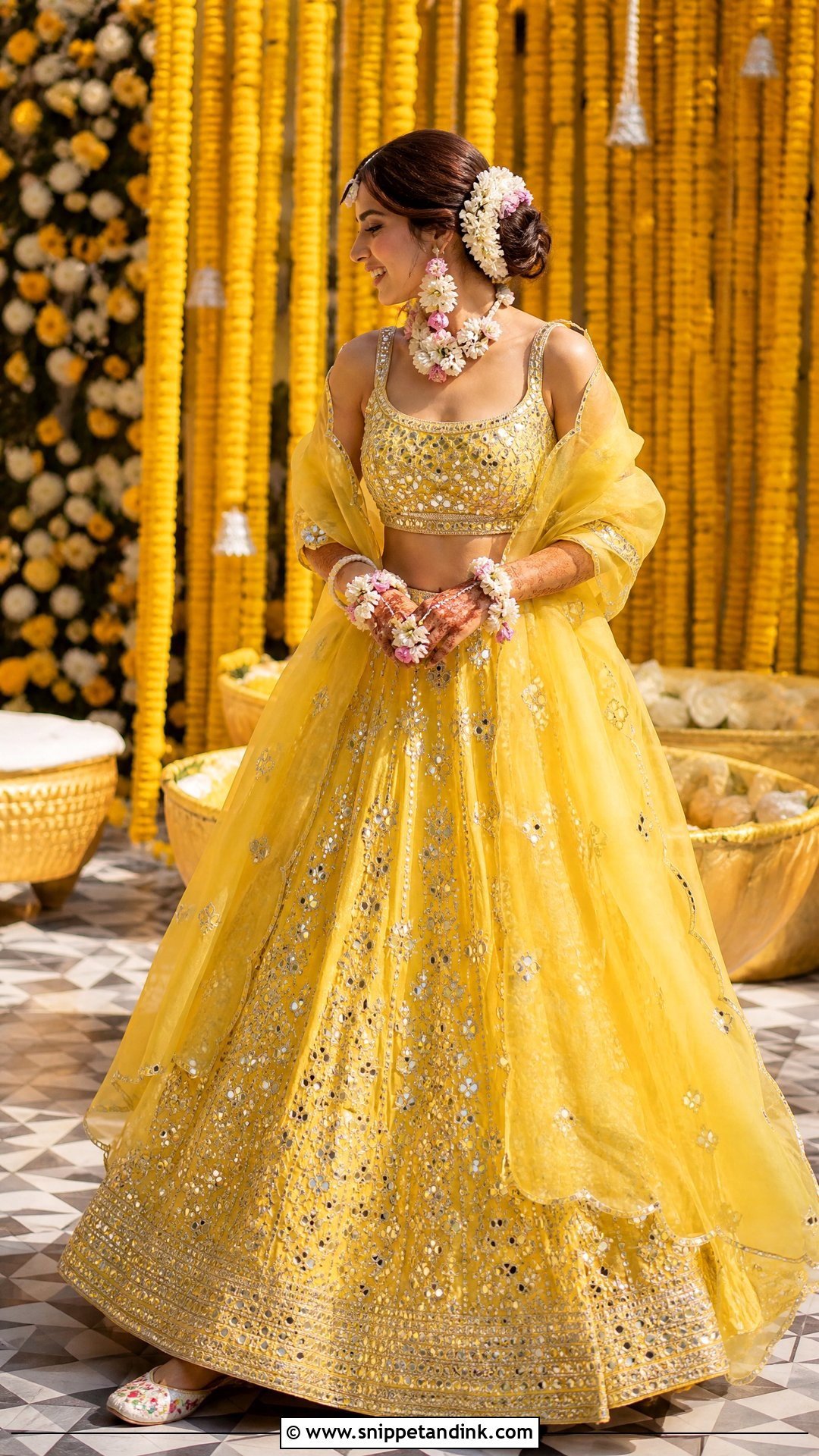 Yellow Mirror Work Lehenga Haldi Outfit - Snippet and Ink - 20 Women Haldi Outfit Ideas