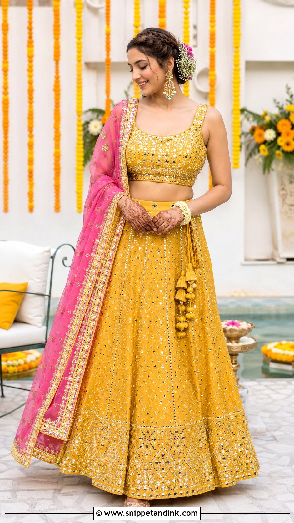 Yellow Mirror Work Lehenga Mehendi Outfit - Snippet and Ink - 20 Mehendi Ceremony Outfits Brides