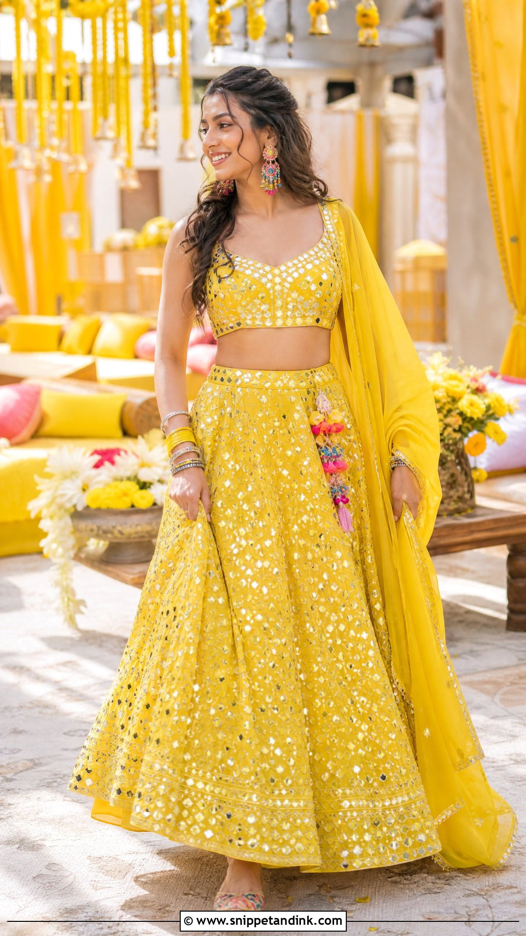 Yellow Mirror Work Lehenga Outfit - Snippet and Ink - 20 Yellow Haldi Outfit for Sister Ideas