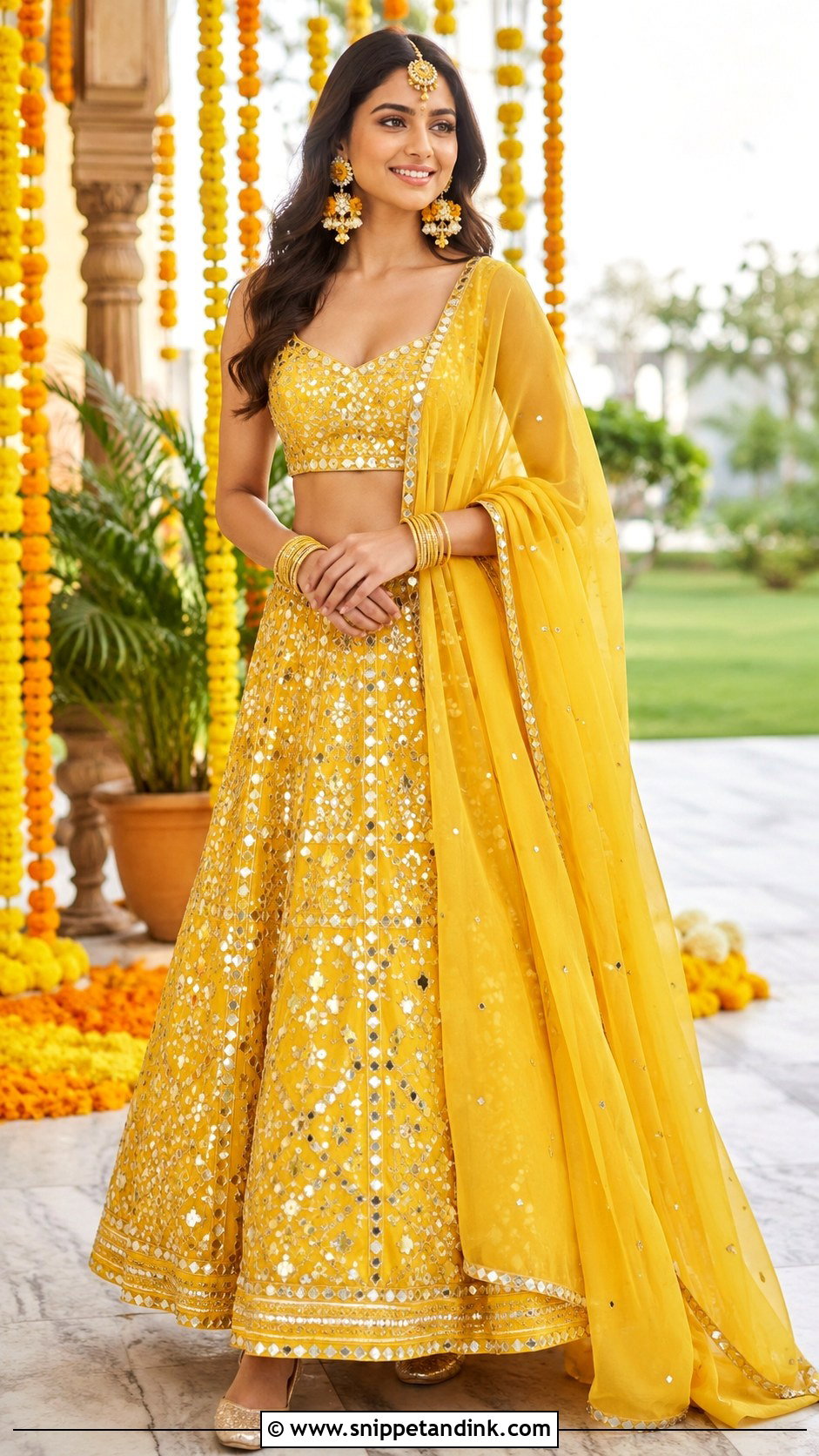 Yellow Mirror Work Lehenga for Haldi - Snippet and Ink - 20 Haldi Theme Dress Ideas