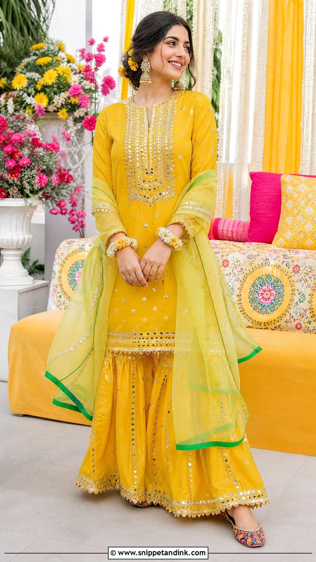 Yellow Mirror Work Mehndi Bridal Sharara - Snippet and Ink - 25 Mehndi Bridal Dress Ideas
