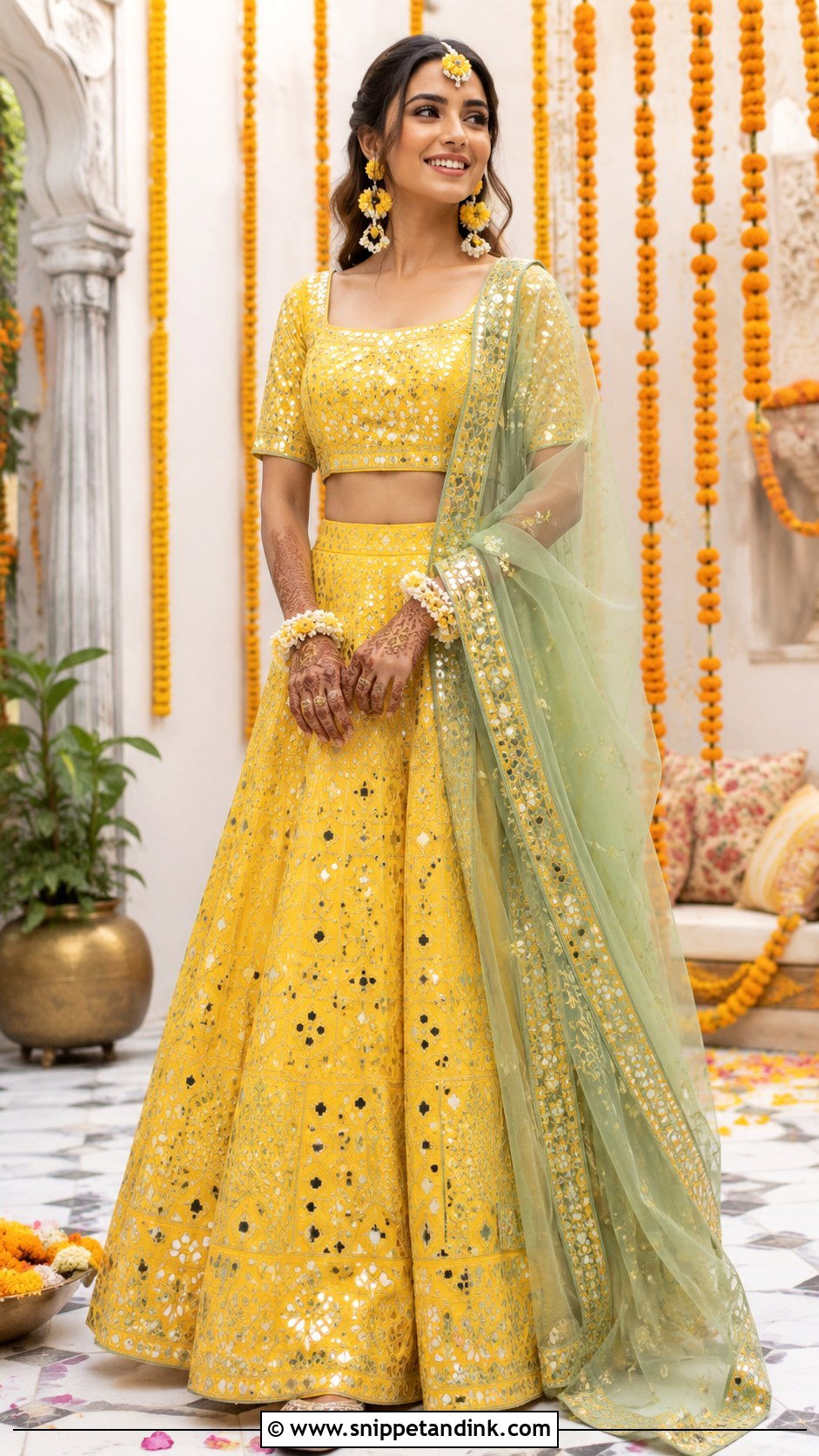 Yellow Mirror Work Mehndi Lehenga - Snippet and Ink - 20 Mehndi Wedding Dress Ideas
