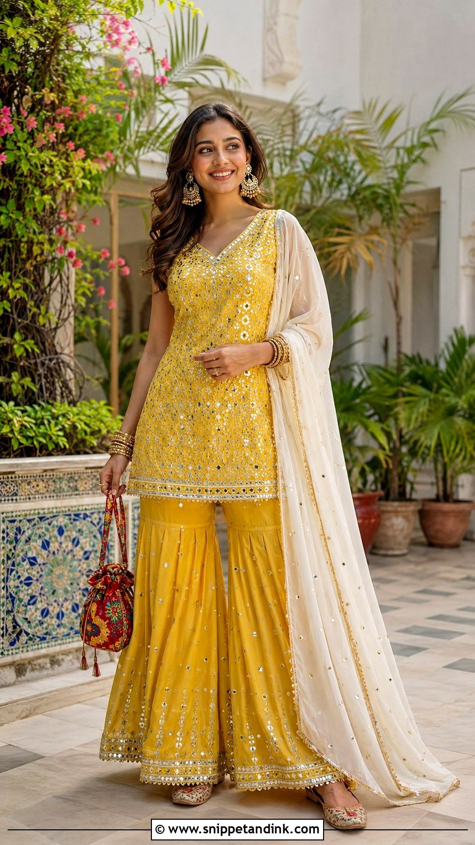 Yellow Mirror Work Sharara Roka Outfit - Snippet and Ink - 20 Indian Roka Outfits