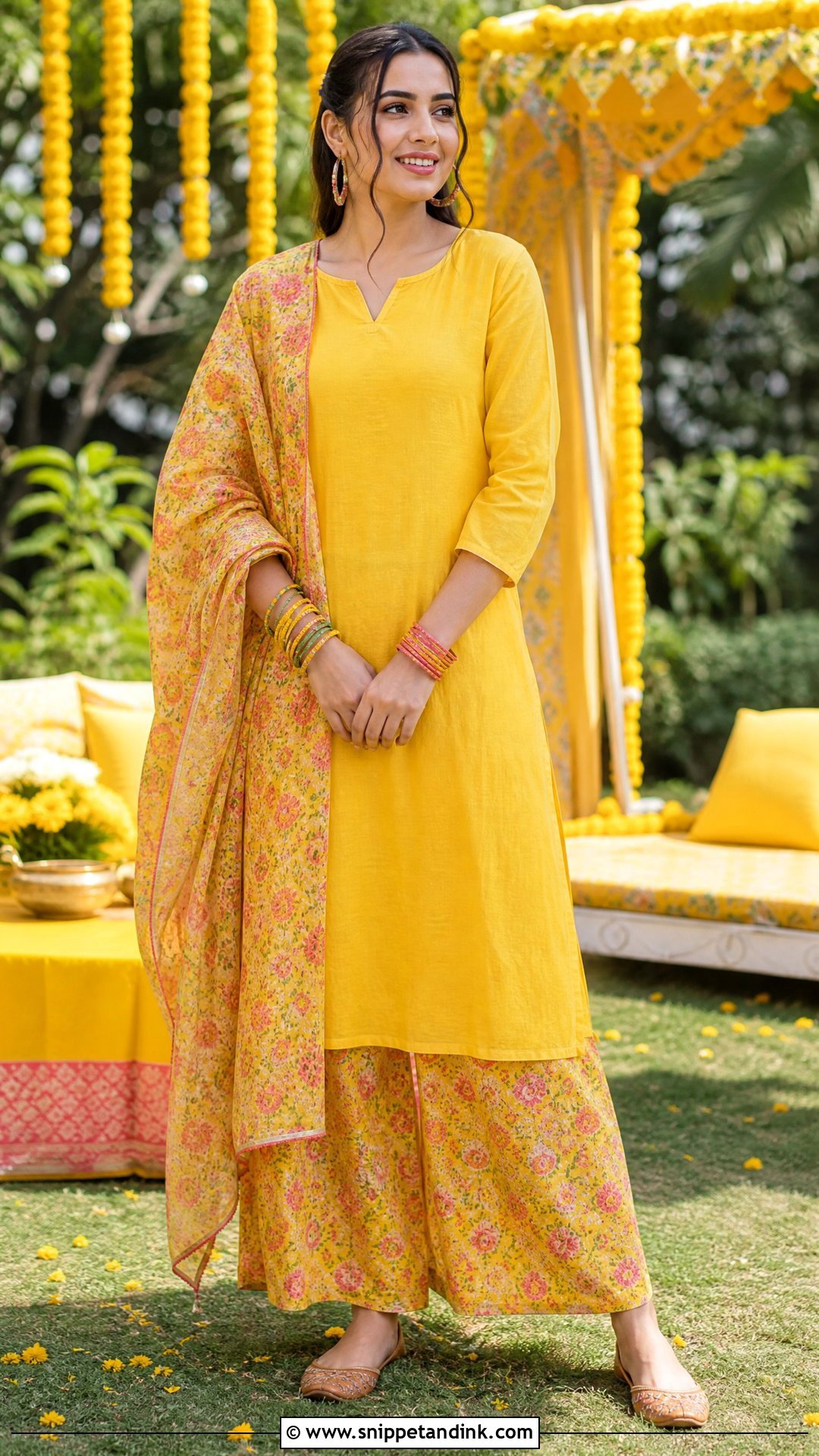 Yellow Mulmul Kurta With Printed Palazzo Pants - Snippet and Ink - 25 Simple Yellow Dress for Haldi Function Ideas