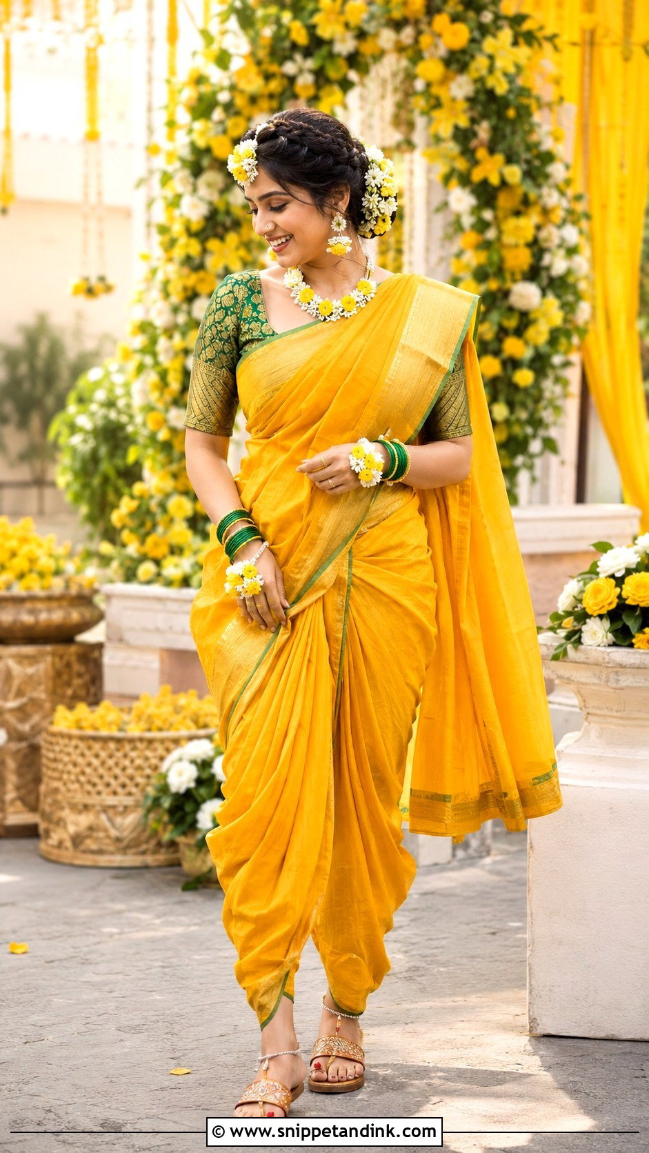 Yellow Nauvari Haldi Bride Look - Snippet and Ink - 20 Nauvari Bride Look Ideas