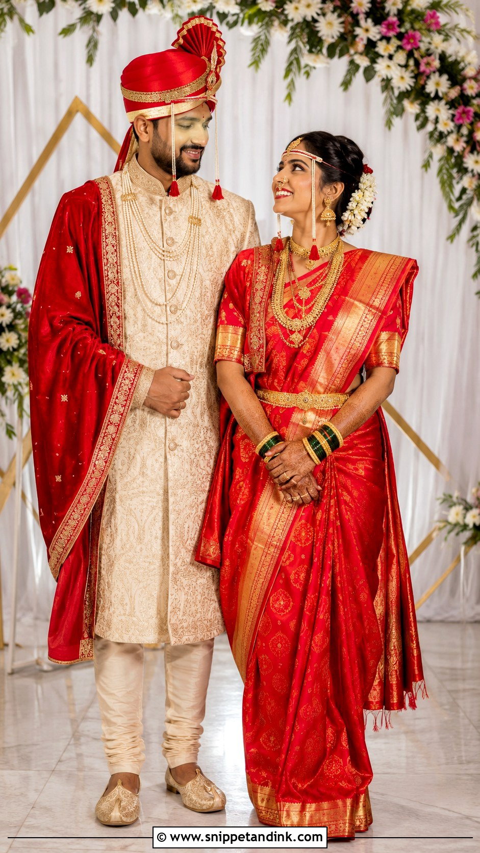 Yellow Nauvari Saree And White Dhoti Kurta Couple Outfit - Snippet and Ink - 25 Maharashtrian Wedding Couple Outfits