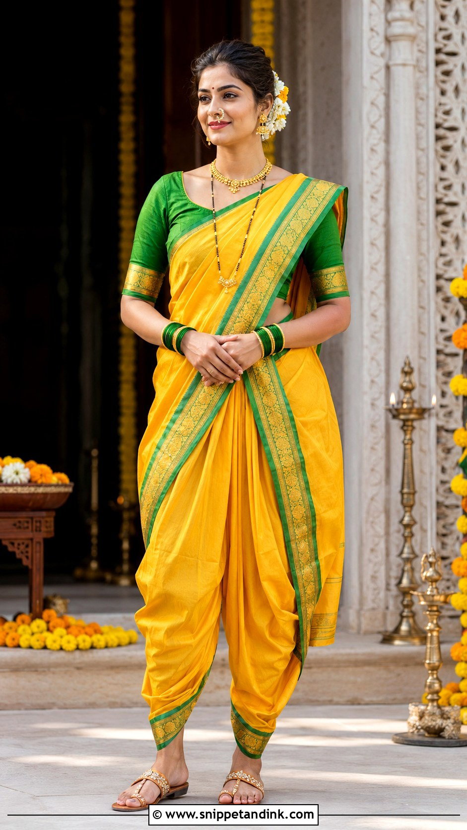 Yellow Nauvari Saree Haldi Outfit - Snippet and Ink - 20 Haldi Traditional Outfit Ideas