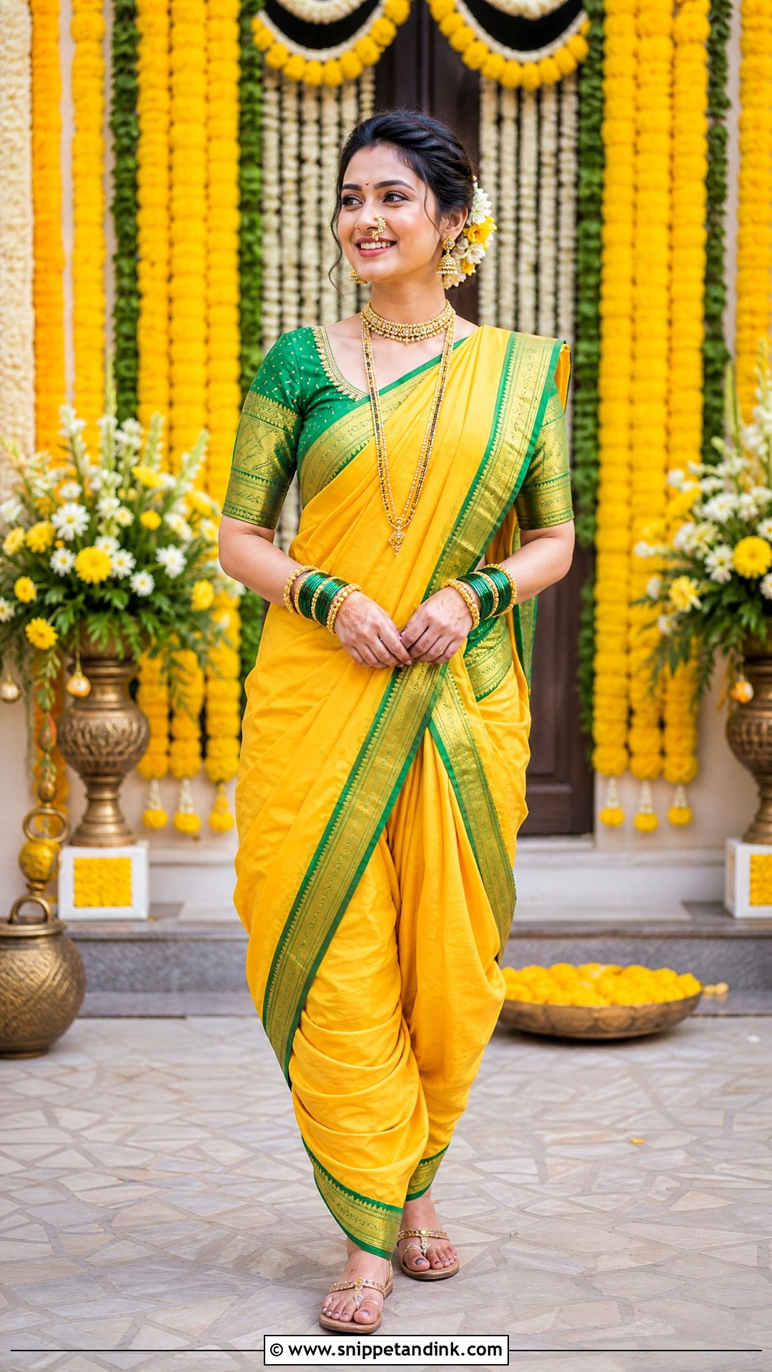 Yellow Nauvari Saree Haldi Outfit - Snippet and Ink - 25 Simple Haldi Outfit for Bride Ideas
