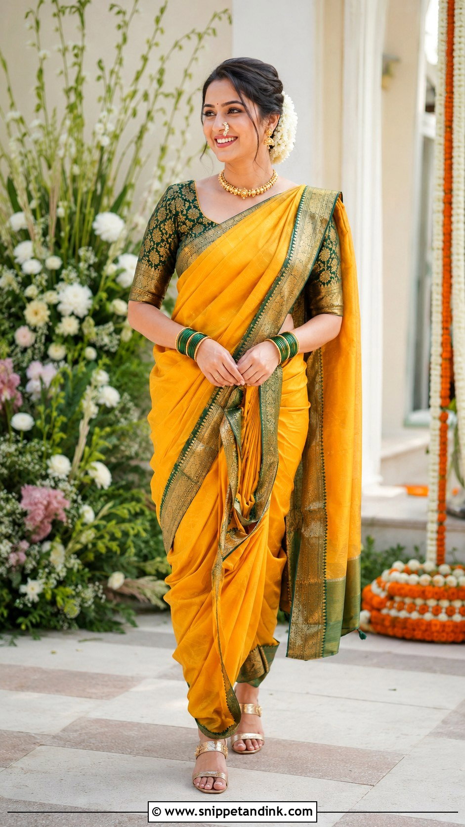 Yellow Nauvari Saree With Green Blouse - Snippet and Ink - 20 Maharatrian Wedding Outfit Ideas