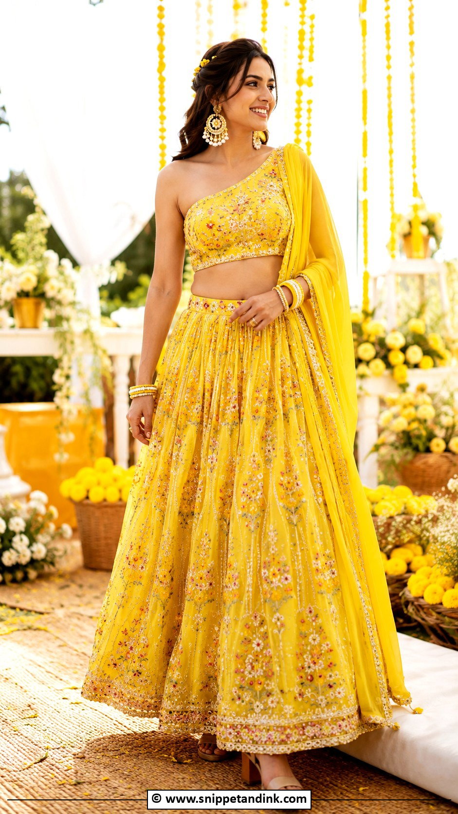 Yellow One Shoulder Lehenga for Haldi Bride - Snippet and Ink - 30 Unique Haldi Outfits for Bride