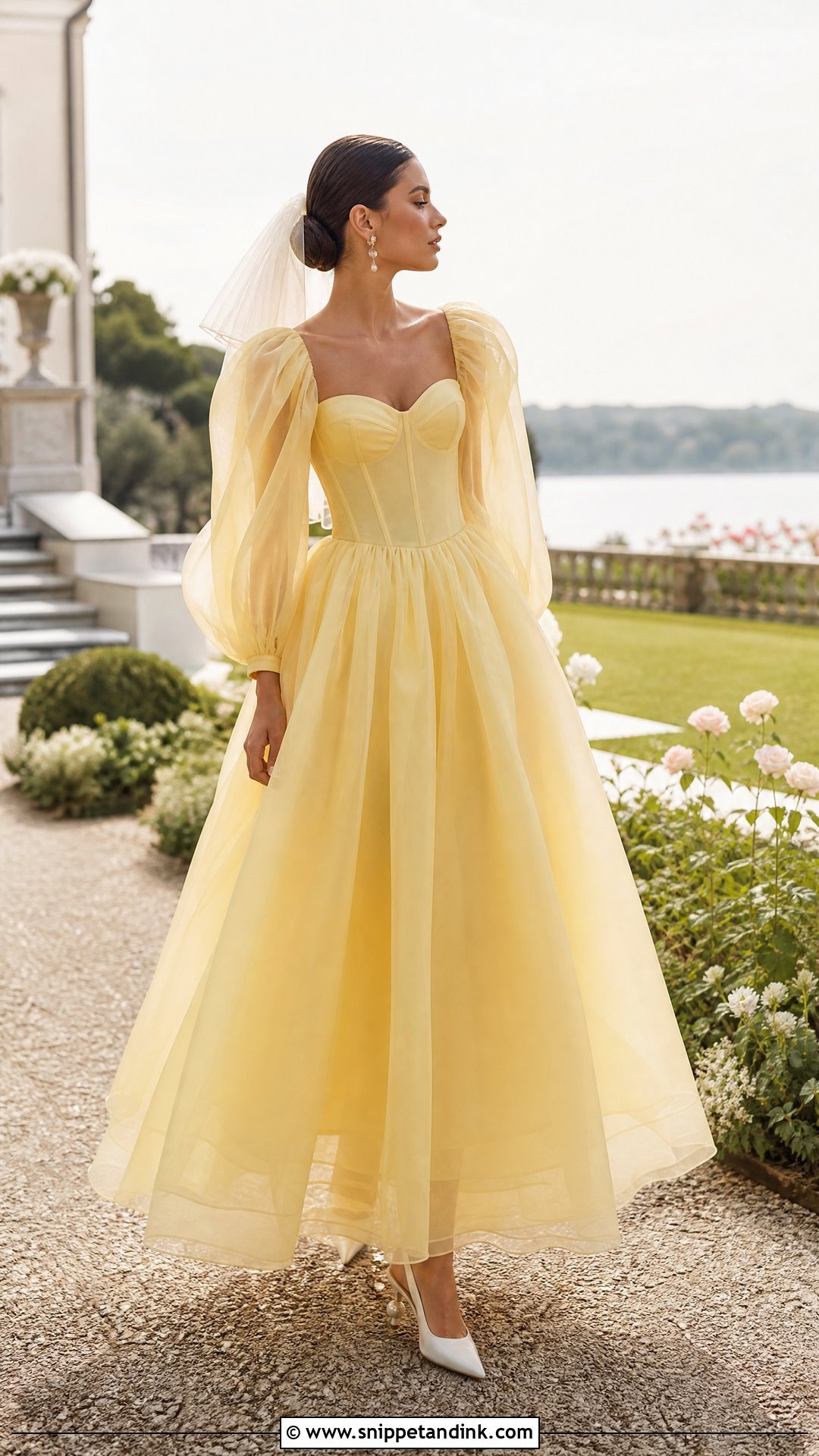 Yellow Organza Bridal Dress With Puff Sleeves - Snippet and Ink - 20 Yellow Bridal Dress Ideas