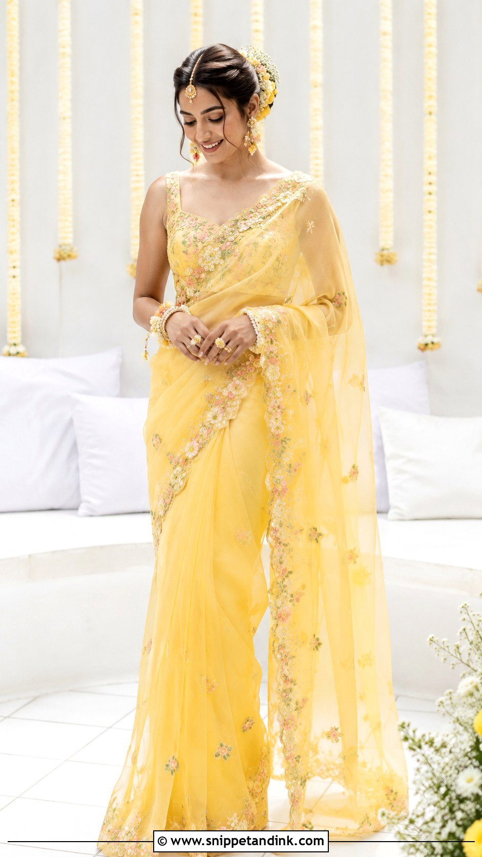 Yellow Organza Haldi Saree - Snippet and Ink - 30 Indian Bridal Haldi Outfit Ideas