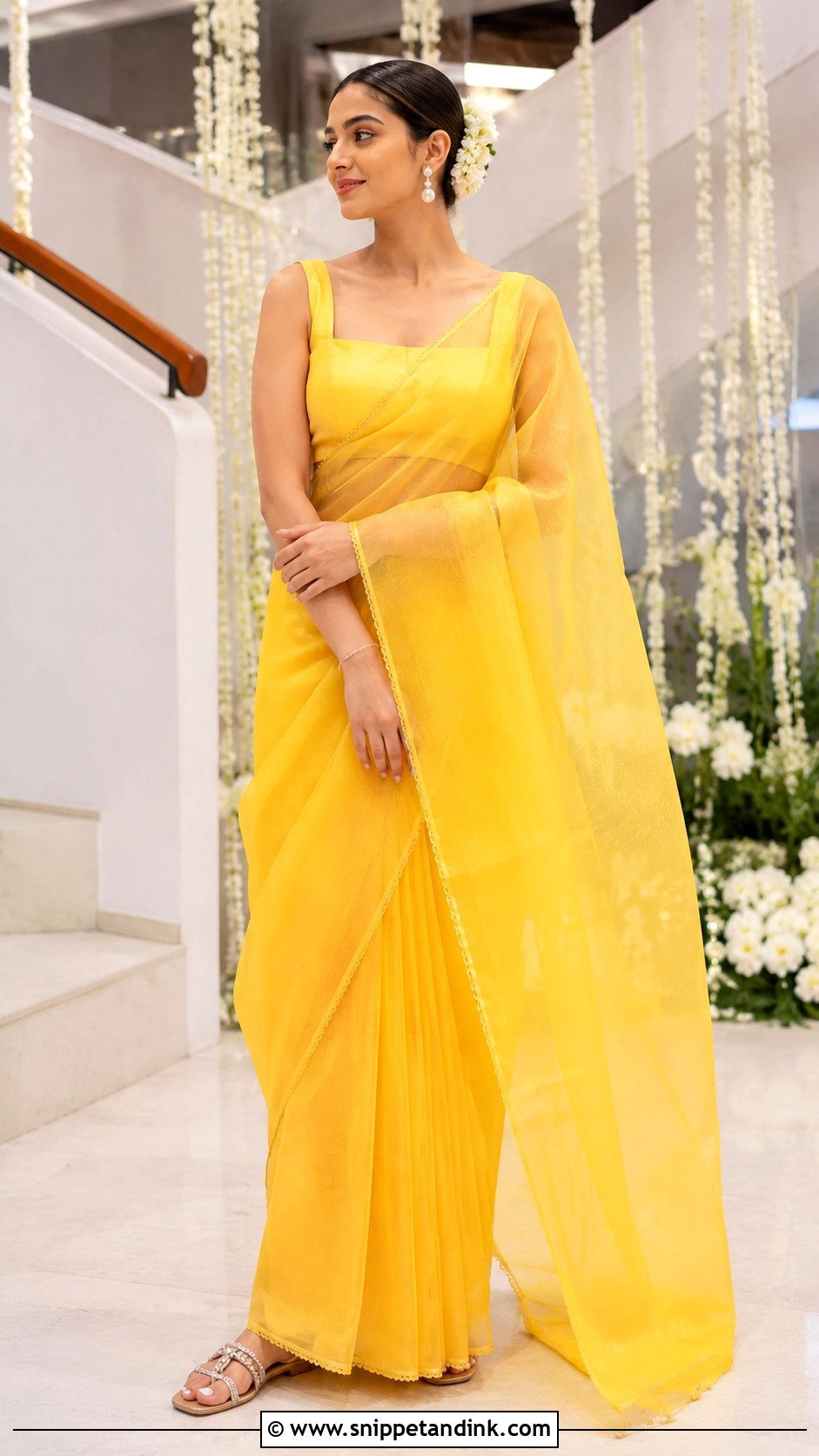 Yellow Organza Saree For Haldi - Snippet and Ink - 20 Haldi Trending Outfits