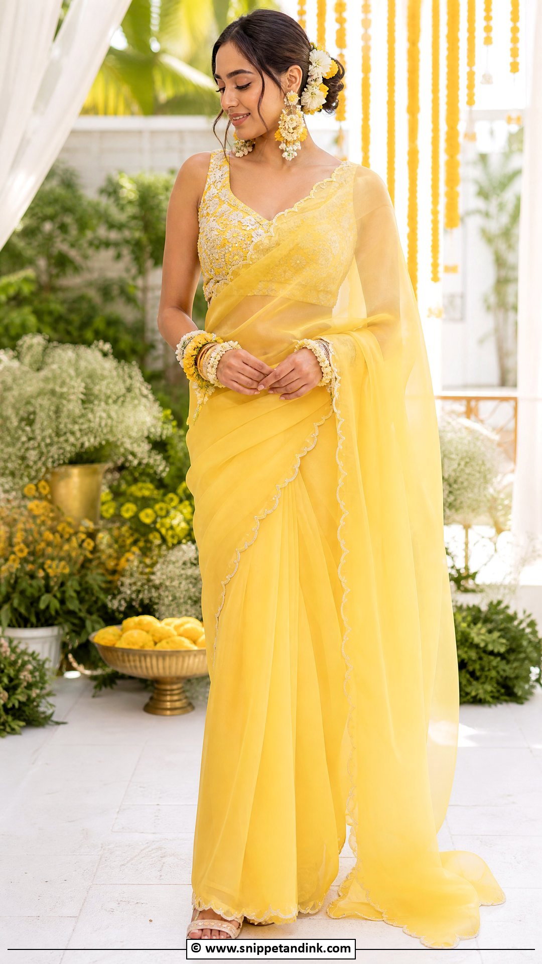 Yellow Organza Saree For Haldi Bride - Snippet and Ink - 35 Haldi Outfit for Bride Ideas
