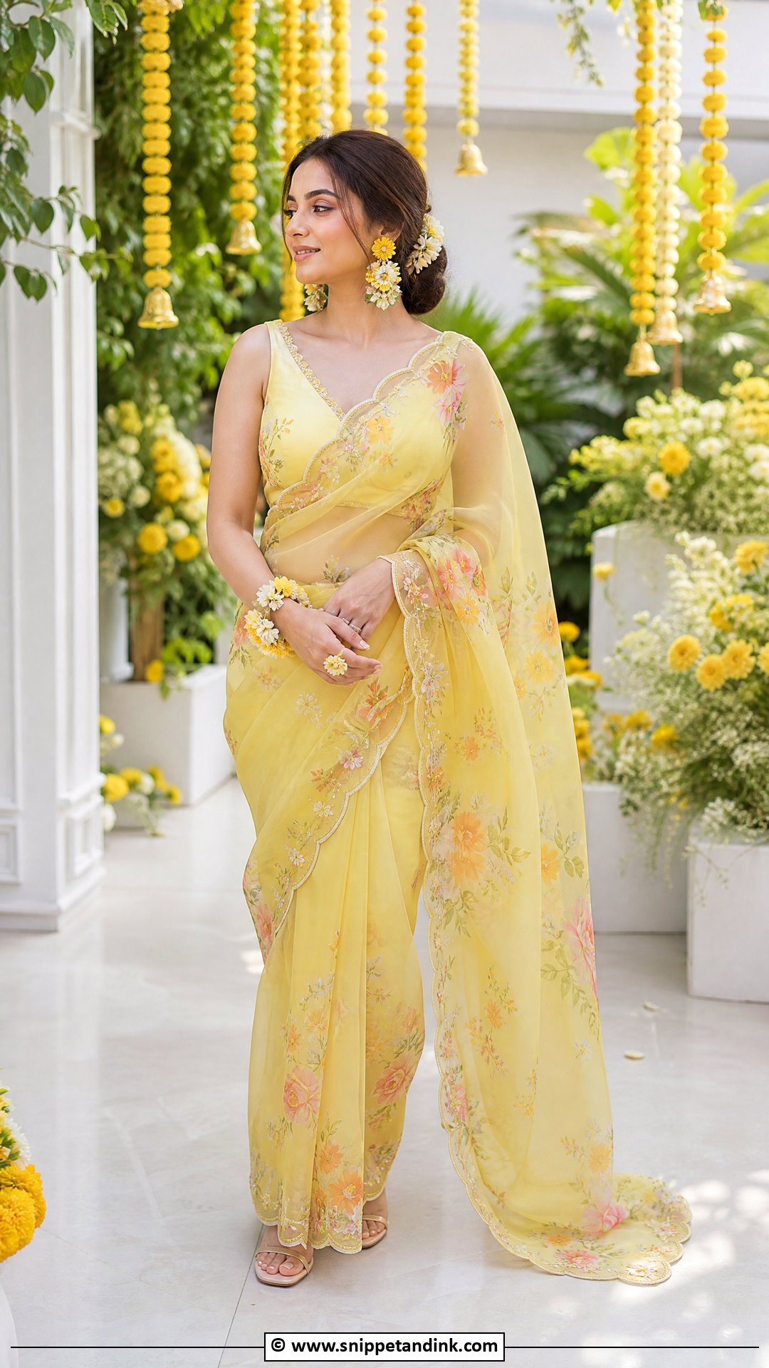 Yellow Organza Saree For Haldi Ceremony - Snippet and Ink - 35 Haldi Ceremony Outfit for Bride Ideas