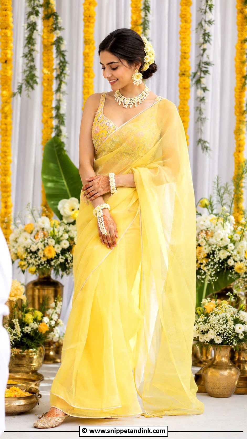 Yellow Organza Saree For Haldi - Snippet and Ink - 30 Haldi Dress Ideas for Bride