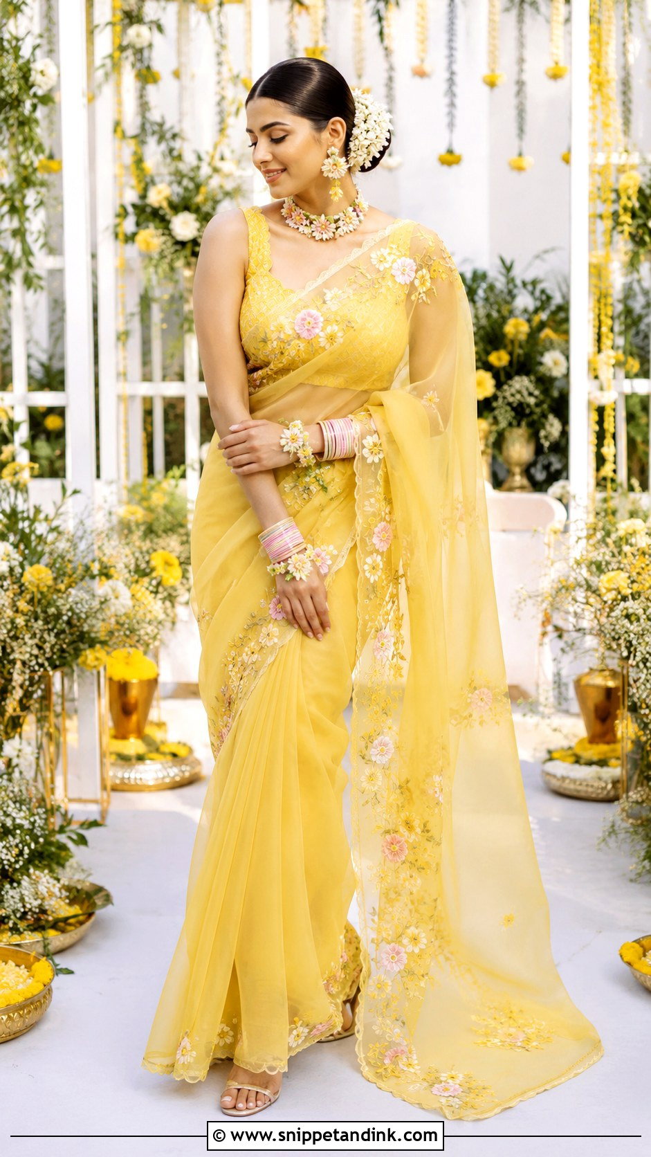 Yellow Organza Saree Haldi Outfit - Snippet and Ink - 25 South Indian Haldi Outfit Ideas