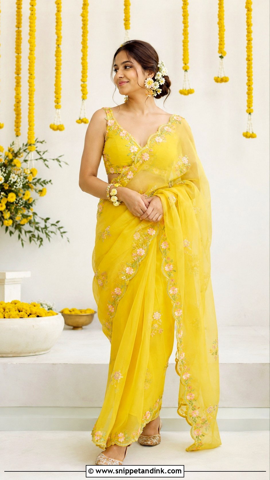 Yellow Organza Saree Haldi Outfit - Snippet and Ink - 20 Haldi Traditional Outfit Ideas