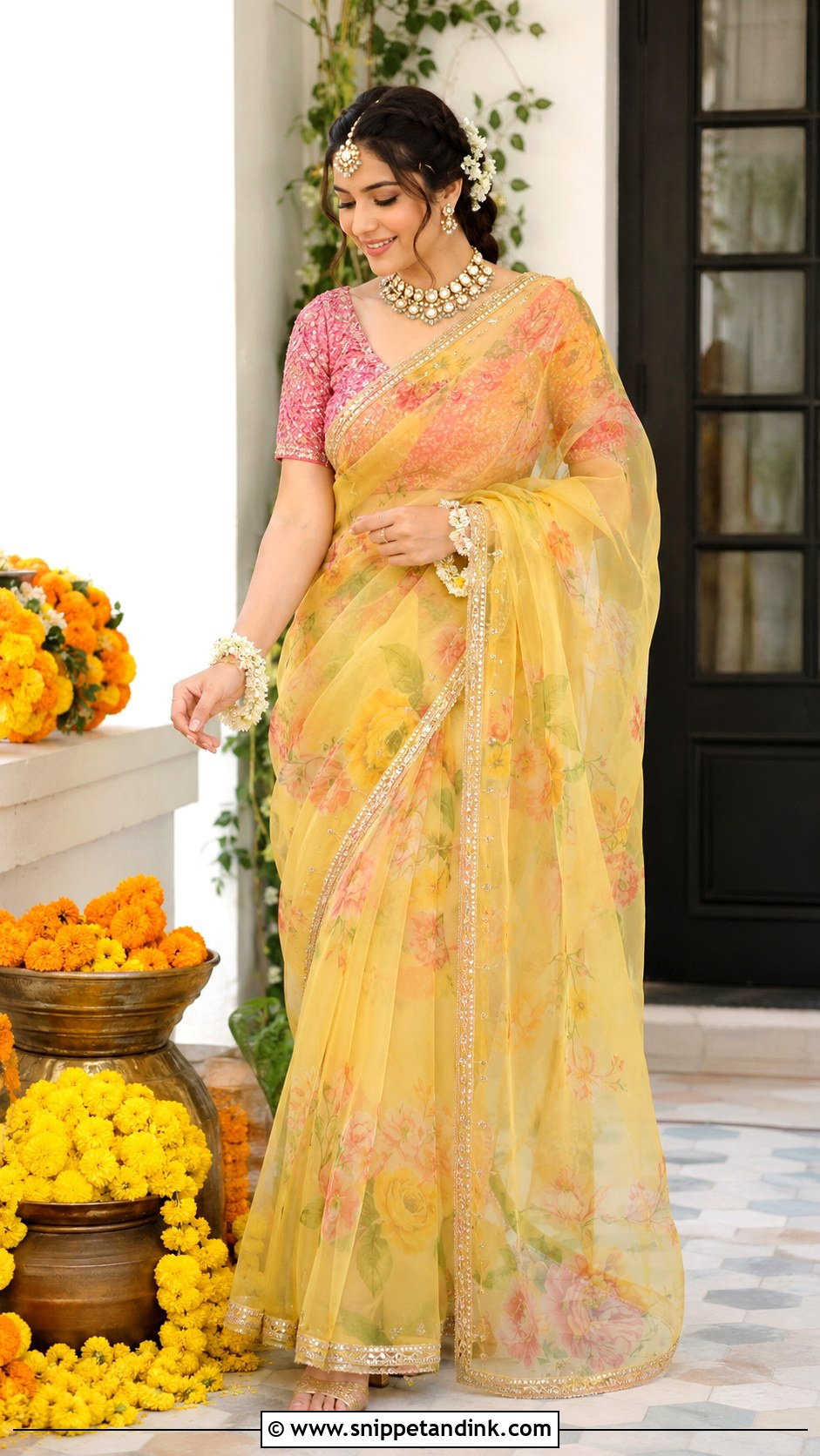 Yellow Organza Saree Mehandi Bridal Outfit - Snippet and Ink - 20 Mehandi Bridal Dress Ideas