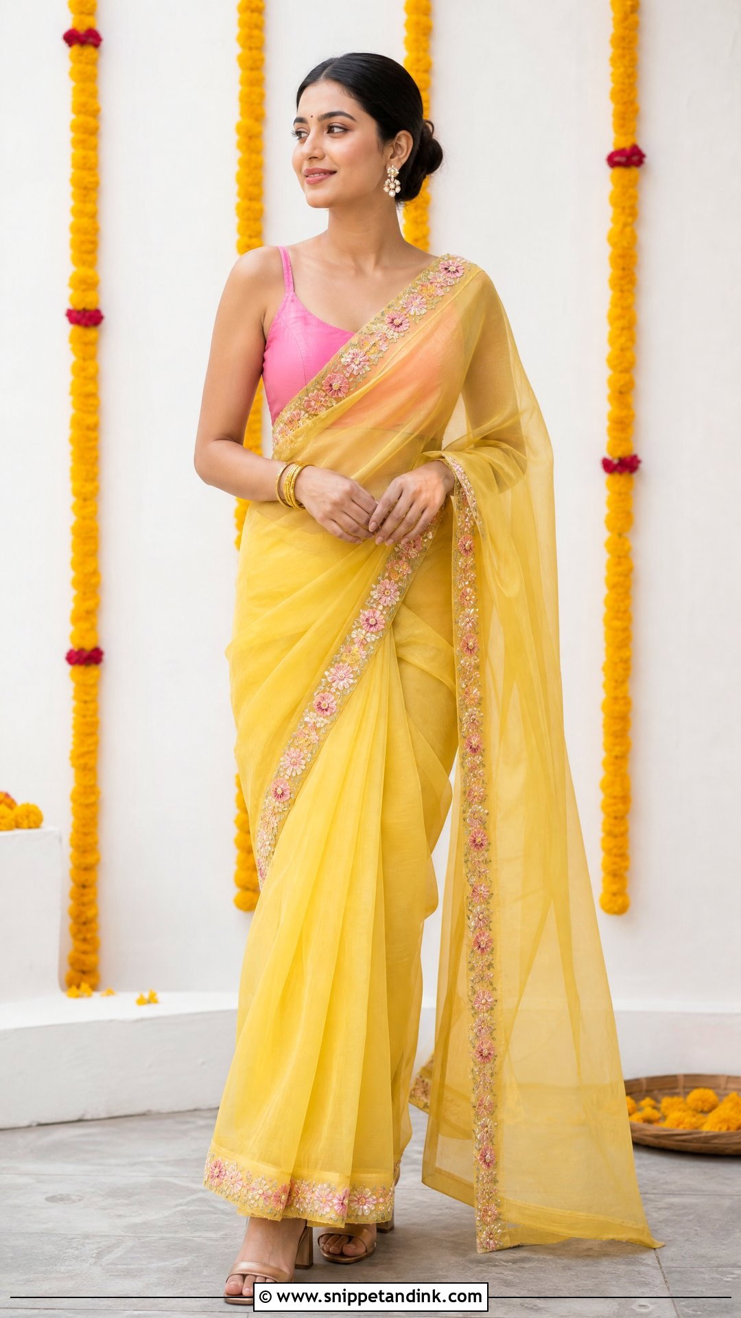 Yellow Organza Saree Outfit - Snippet and Ink - 20 Yellow Haldi Outfit for Sister Ideas
