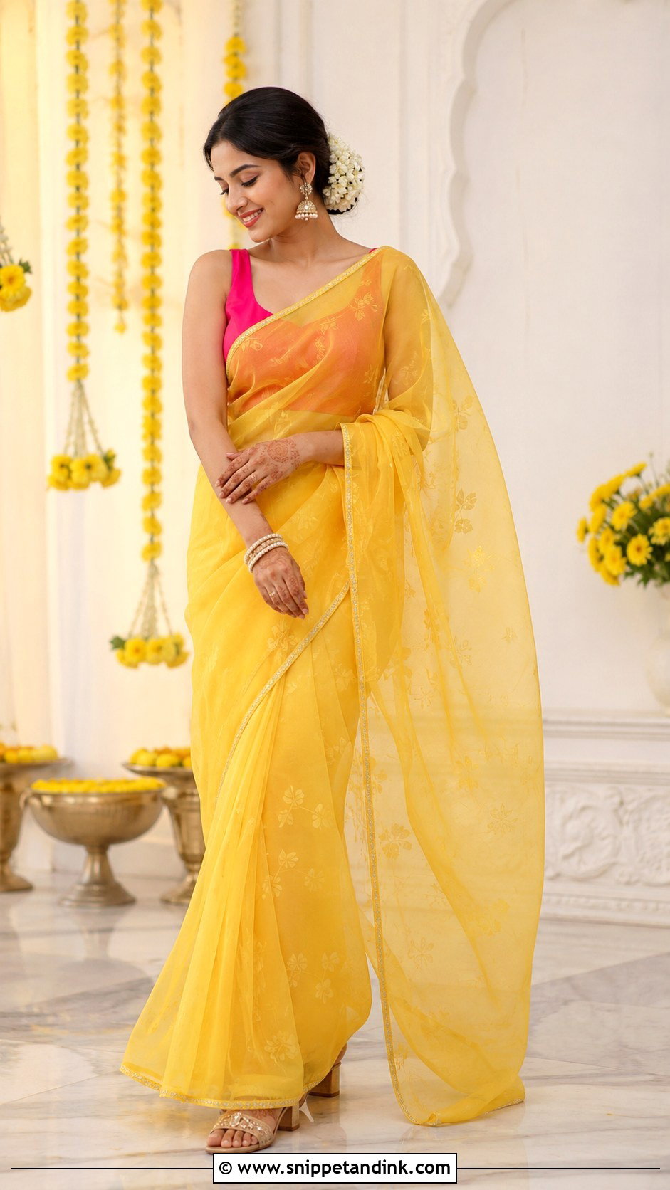 Yellow Organza Saree for Haldi - Snippet and Ink - 20 Haldi Function Dress for Sister Ideas
