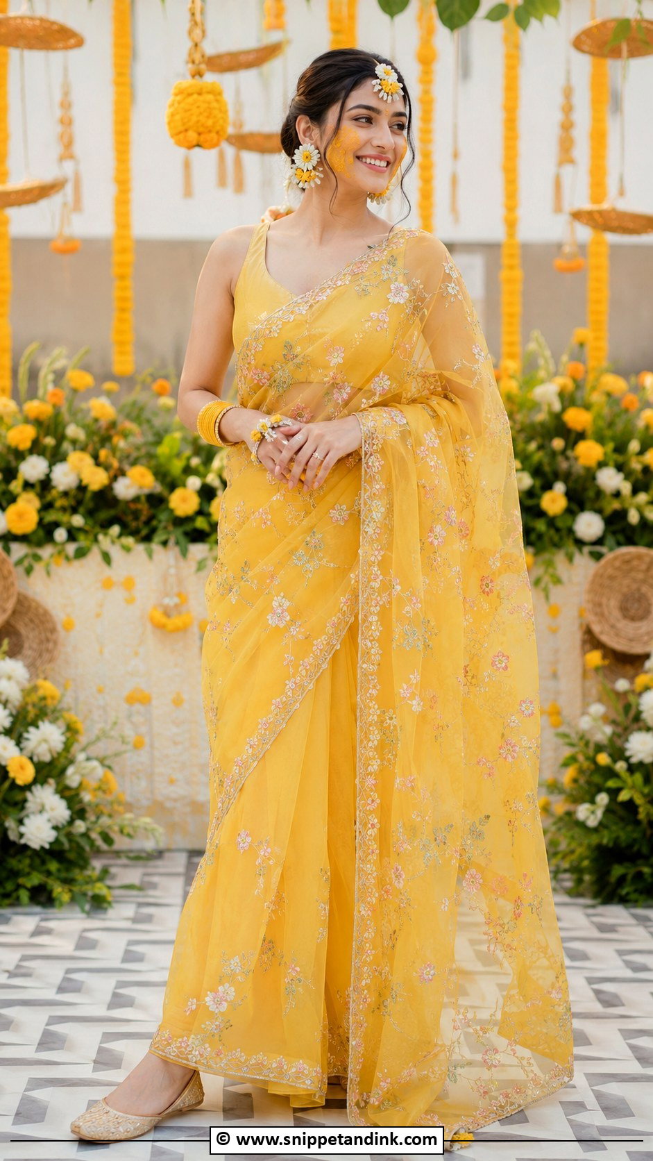 Yellow Organza Saree for Haldi Bride - Snippet and Ink - 30 Unique Haldi Outfits for Bride