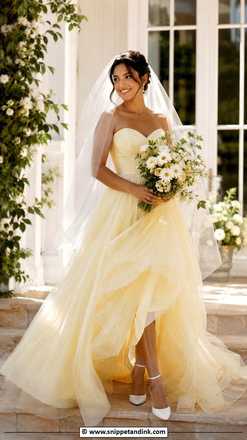Yellow Organza Wedding Dress With White Accessories - Snippet and Ink - 30 Colorful Wedding Dress Ideas