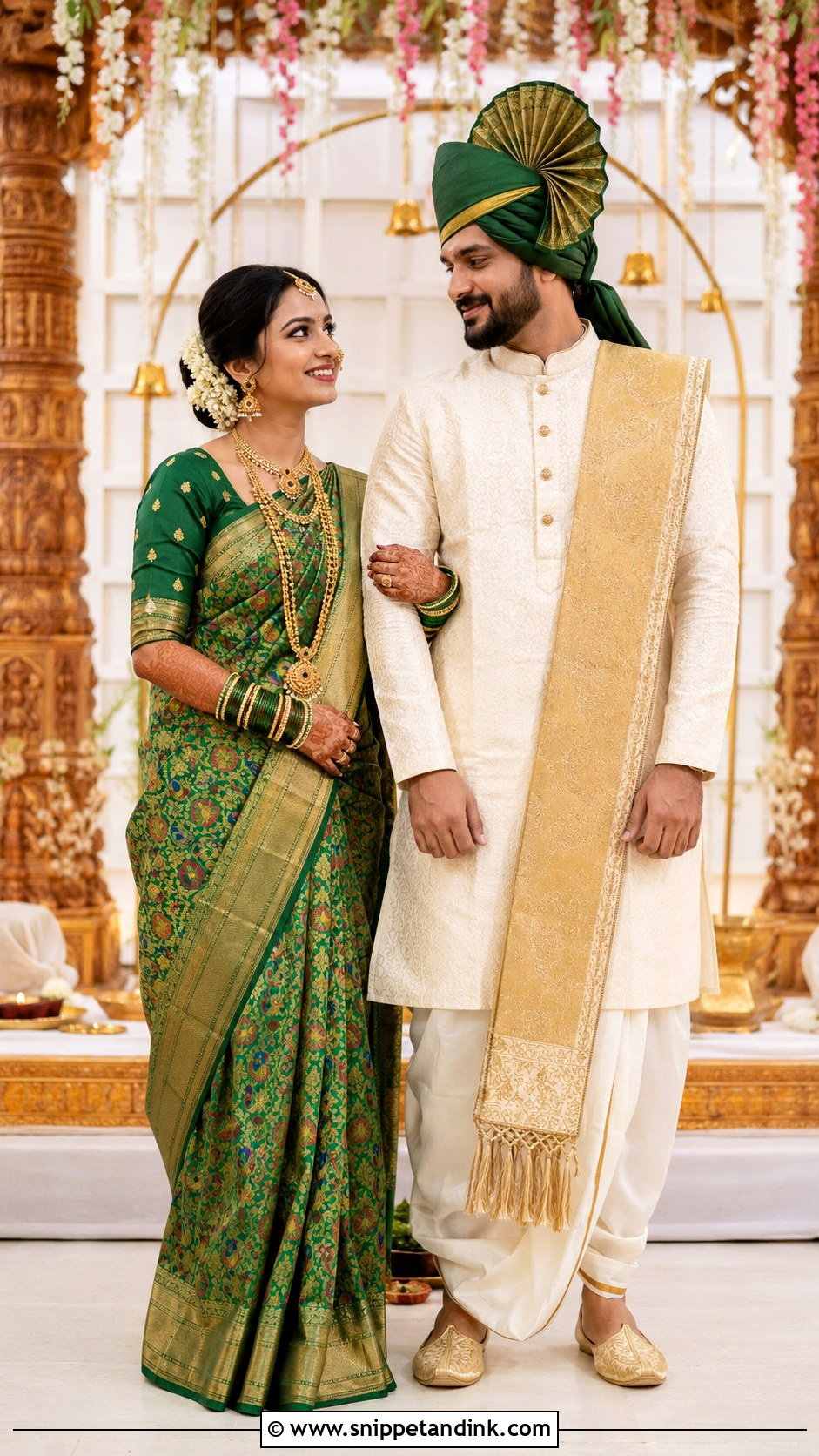 Yellow Paithani Bride And White Peshwai Groom Look - Snippet and Ink - 25 Peshwai Look for Wedding Couple Ideas