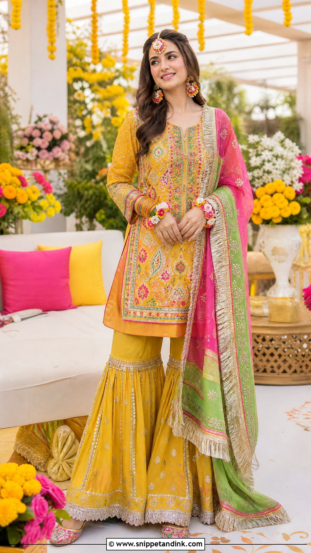 Yellow Pakistani Bridal Mehndi Sharara - Snippet and Ink - 20 Pakistani Wedding Bridal Outfits