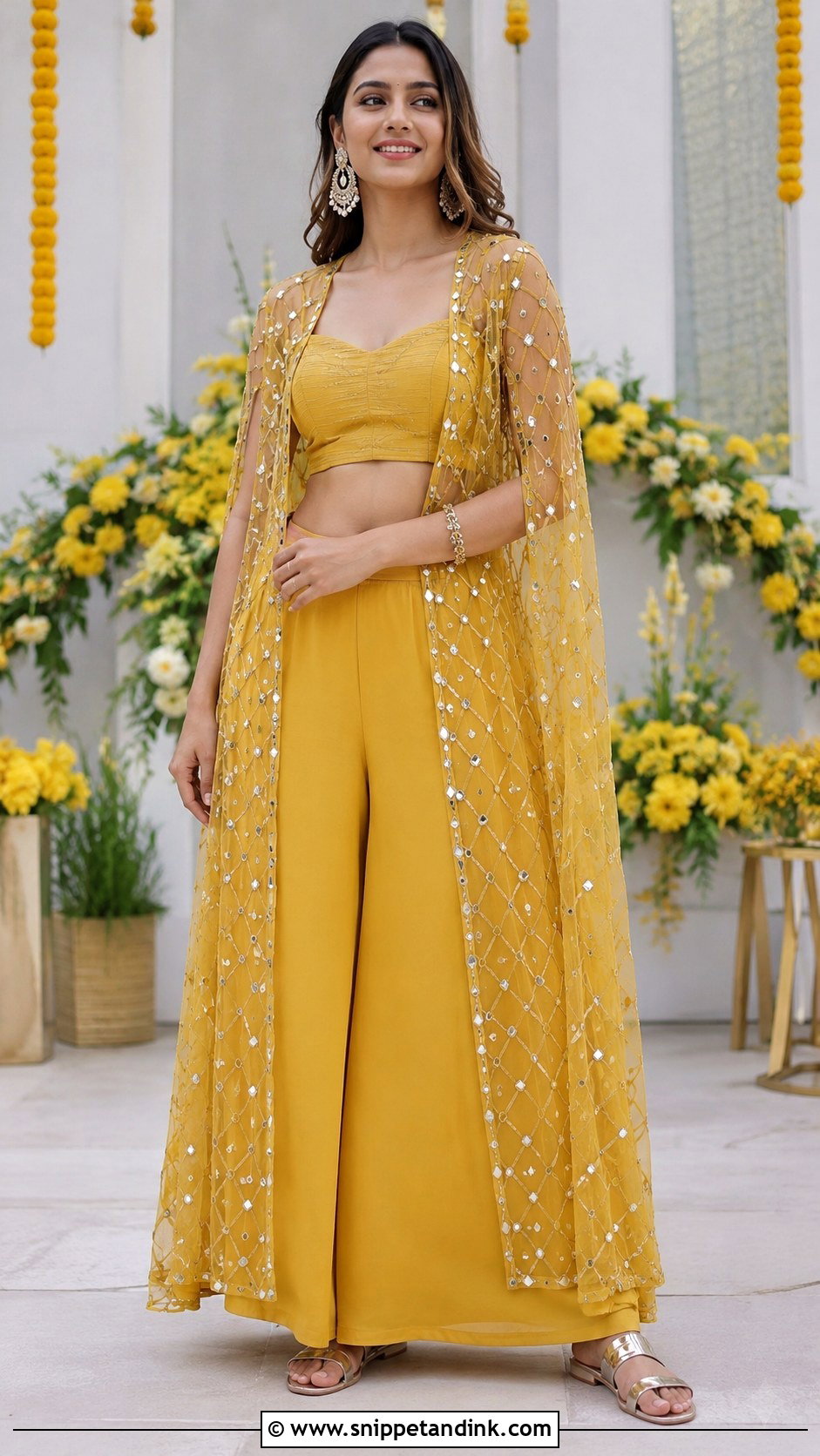 Yellow Palazzo Cape Set Haldi Outfit - Snippet and Ink - 20 Haldi Rasam Dress Ideas