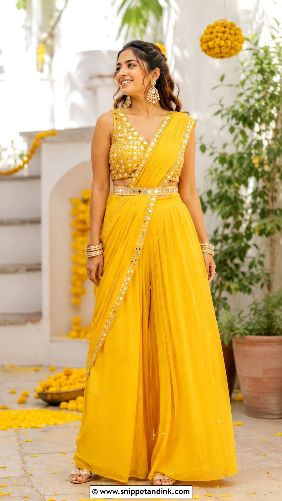 Yellow Palazzo Saree For Haldi - Snippet and Ink - 25 Haldi Ceremony Dress Ideas