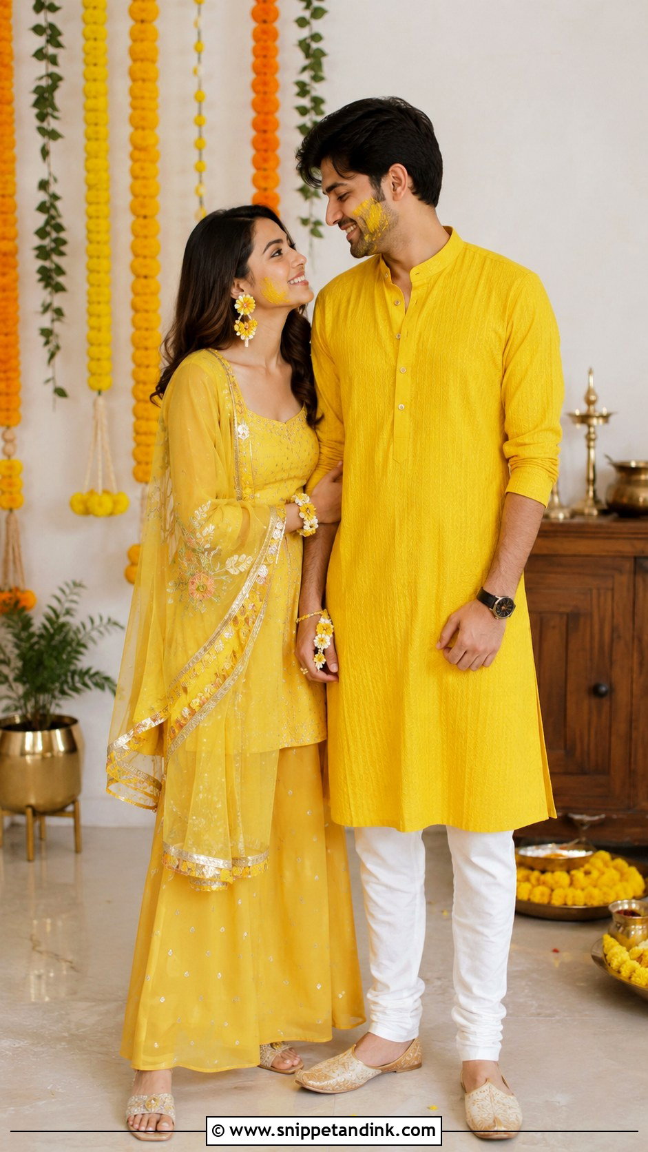 Yellow Palazzo Set And Yellow Kurta Haldi Couple Outfit - Snippet and Ink - 25 Haldi Couple Outfits