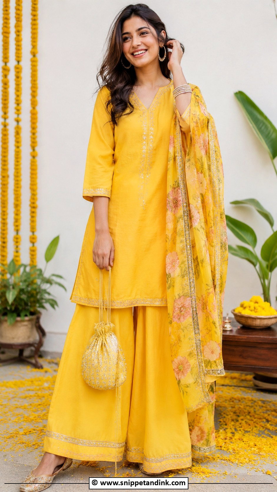 Yellow Palazzo Set For Haldi - Snippet and Ink - 25 Haldi Mehndi Outfit Ideas