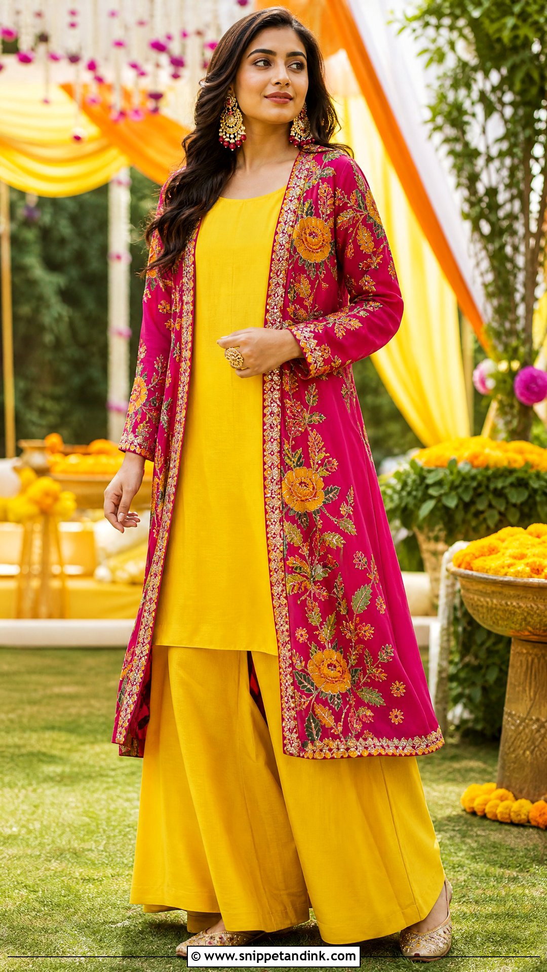 Yellow Palazzo Set With Magenta Jacket - Snippet and Ink - 20 Yellow Contrast Color Dress for Haldi Ideas