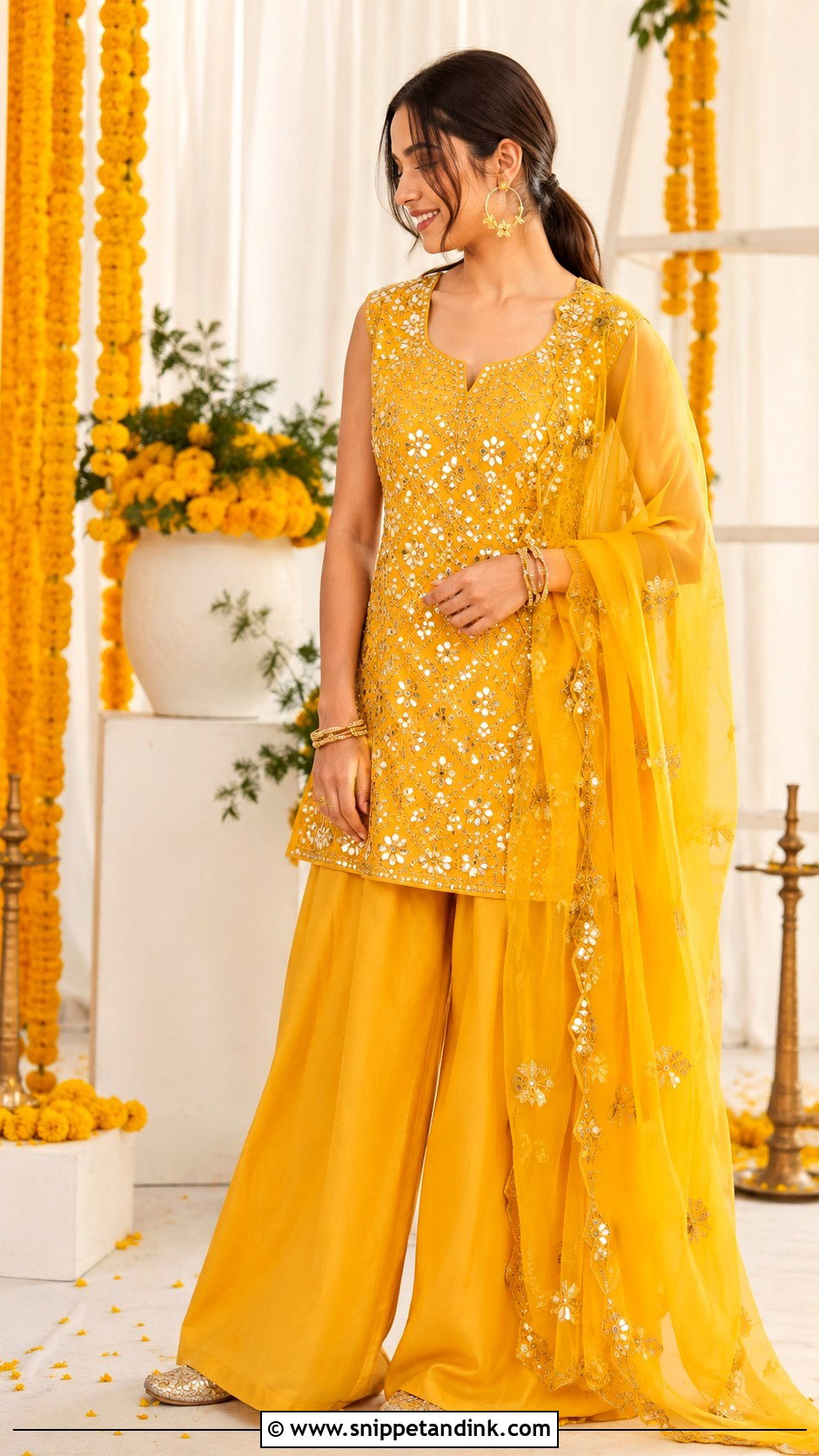 Yellow Palazzo Suit Haldi Outfit - Snippet and Ink - 20 Bride Haldi Dress Ideas