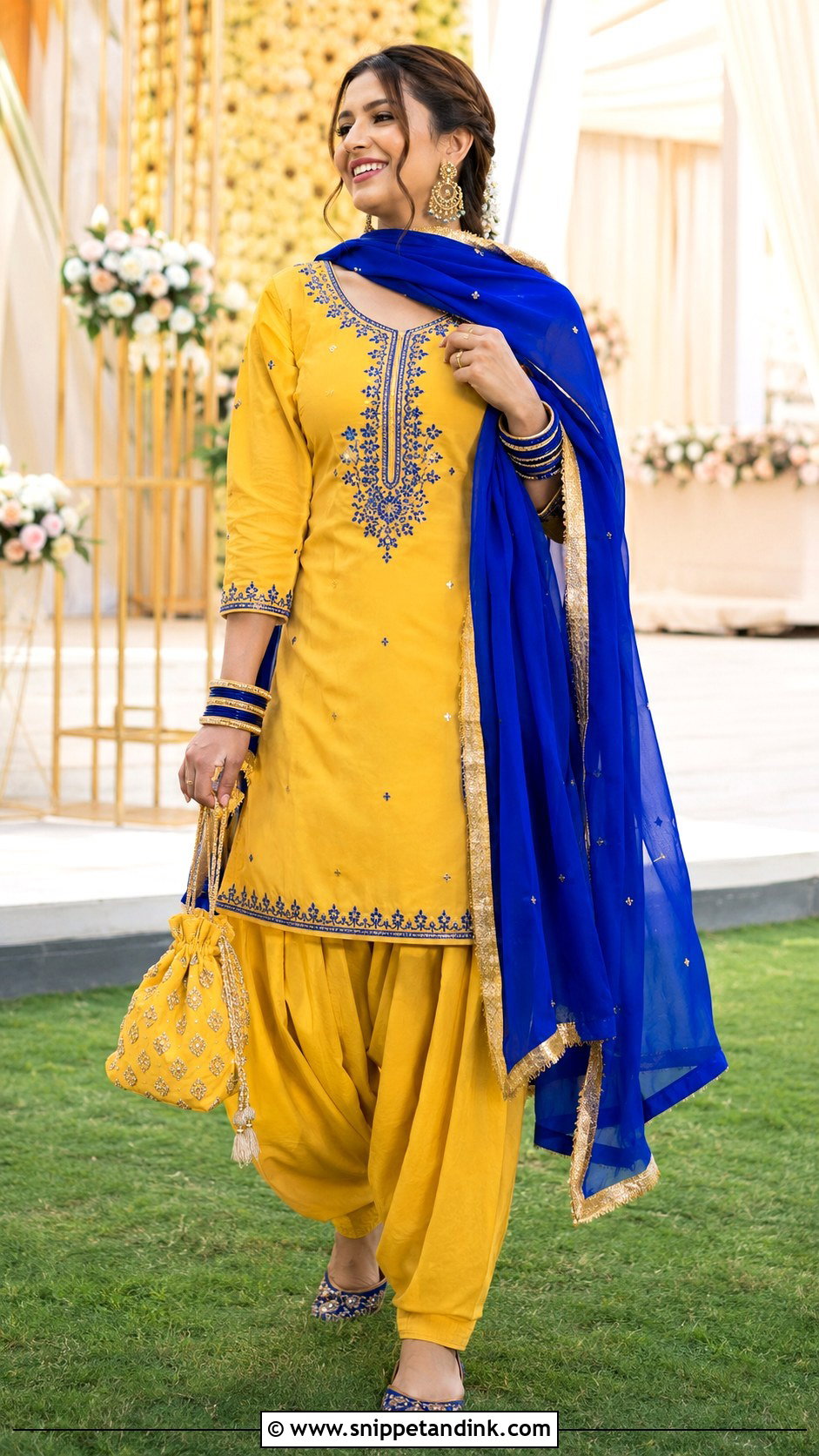 Yellow Patiala Suit With Contrasting Blue Dupatta - Snippet and Ink - 20 Yellow Patiala Suit for Haldi Ideas